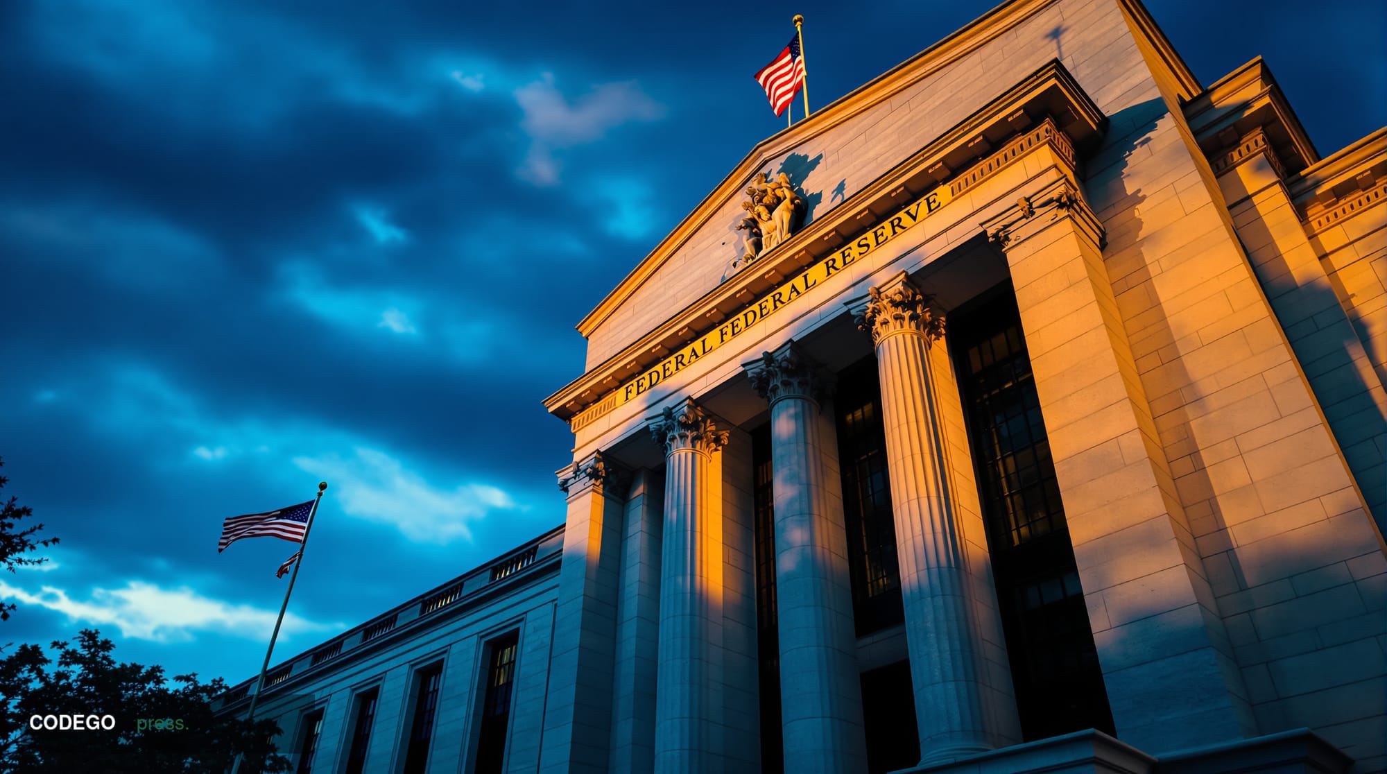A dramatic wide-angle photograph of the imposing Federal Reserve Building (Marriner S. Eccles Federal Reserve Board Building)