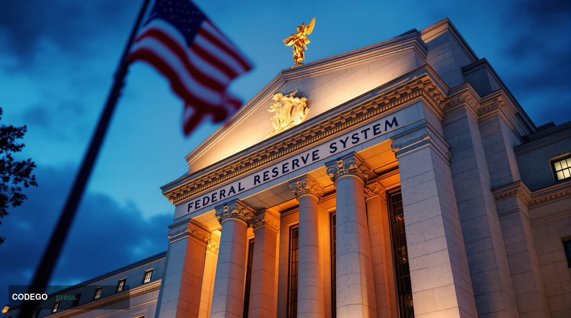 A cinematic editorial photograph of the Federal Reserve building in Washington D.C., captured during golden hour with dramati