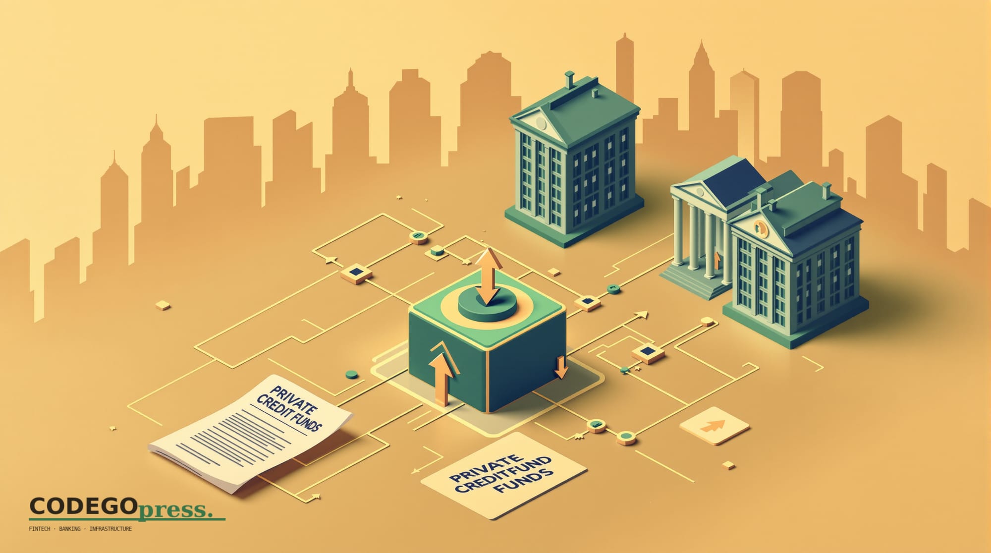 Flat 3D isometric vector editorial illustration. Primary banking-green (#1A6B43) with cream background, gold accents, soft sh