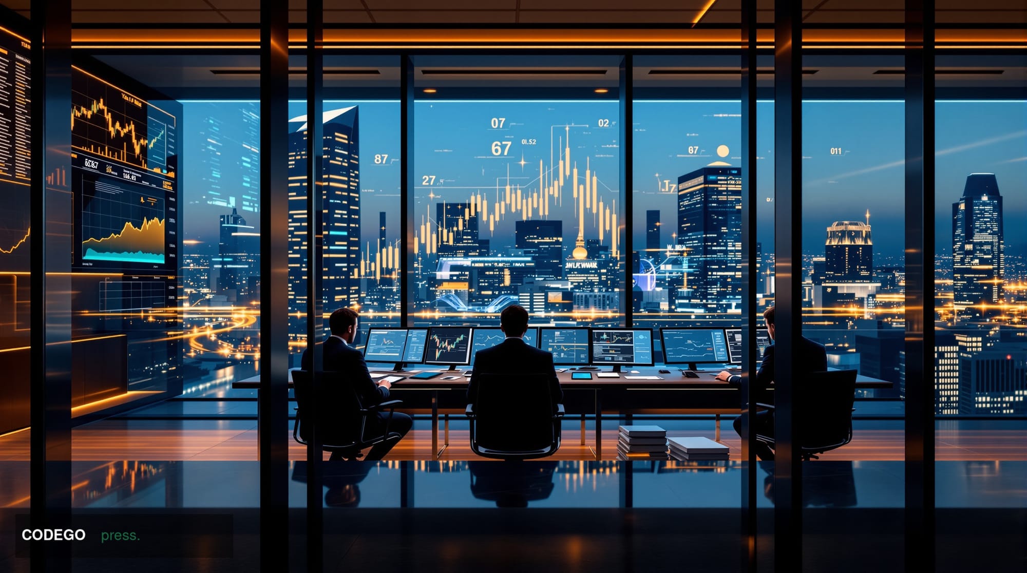 A photorealistic editorial photograph of a modern private equity firm's trading floor and boardroom, shot through floor-to-ce
