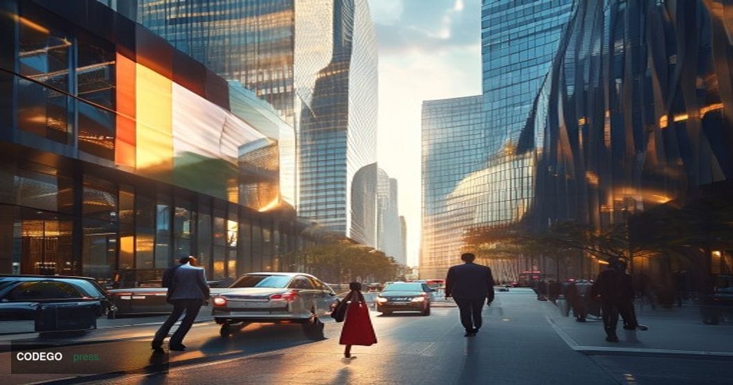 A photorealistic editorial photograph showcasing the intersection of British and Indian financial markets through architectur