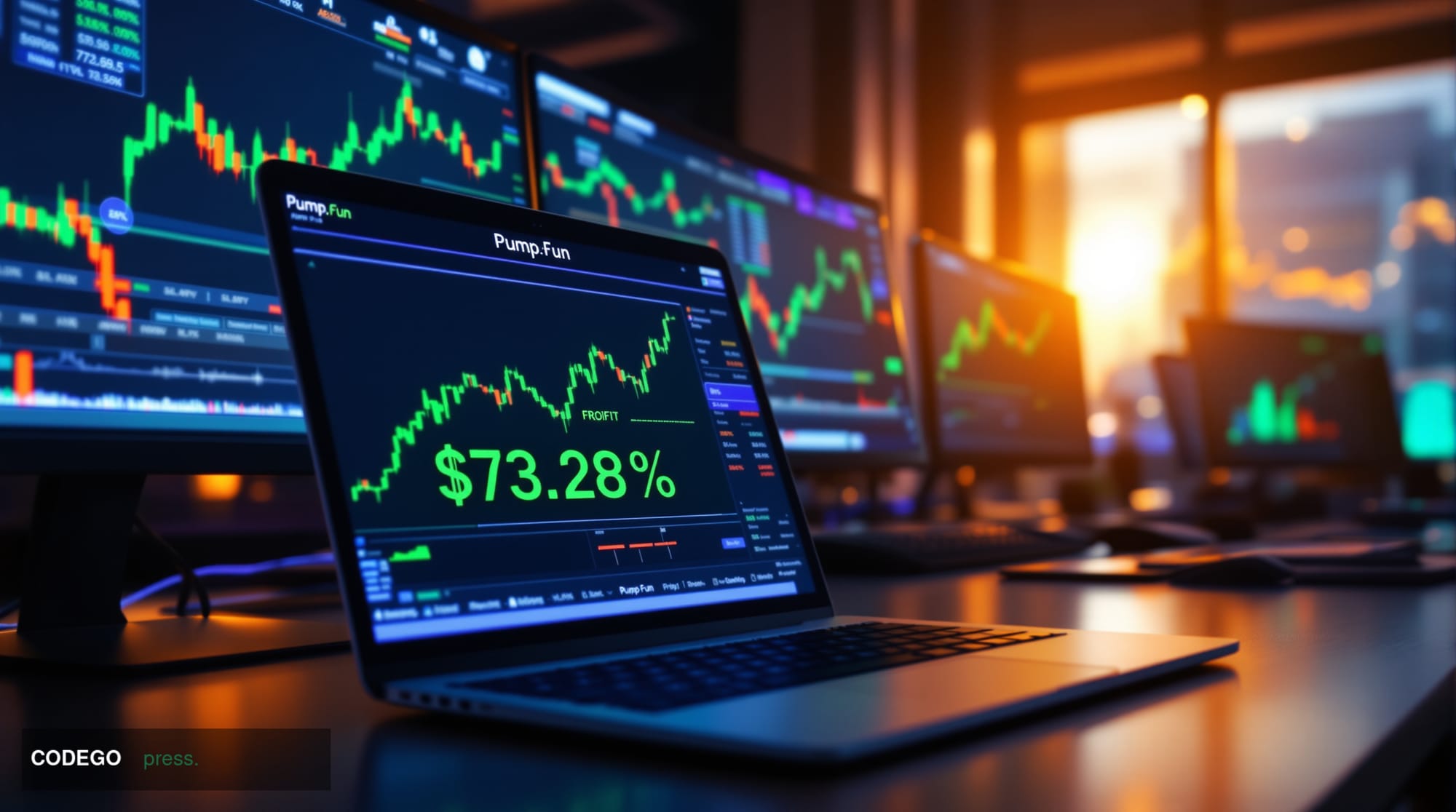 A photorealistic editorial photograph capturing the dramatic recovery of Pump.fun traders through visual metaphor. The scene 