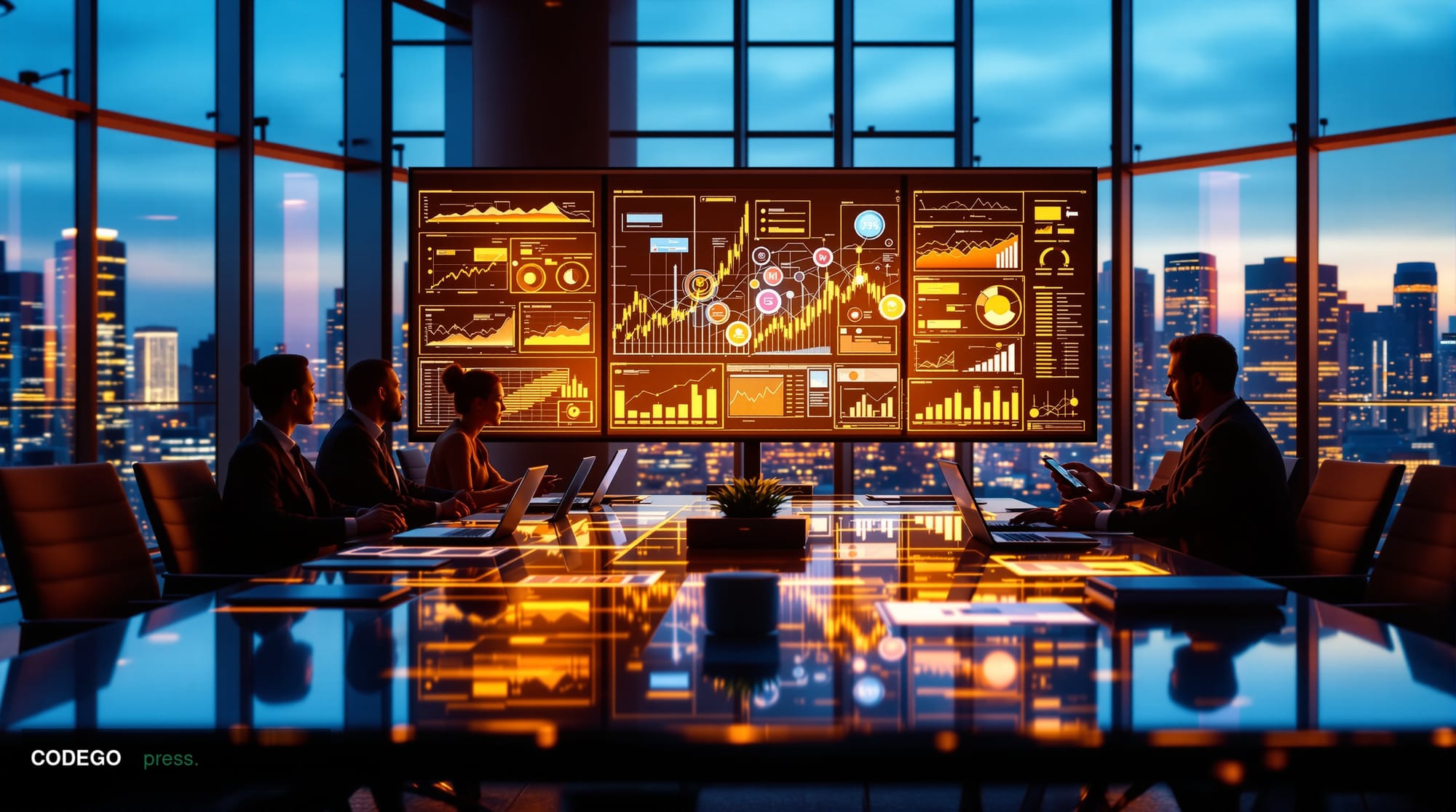 A sophisticated conference room setting photographed from a three-quarter angle showing multiple large monitors displaying pa