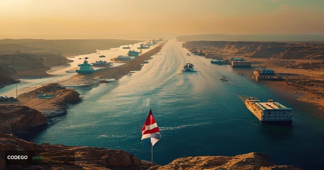 A cinematic editorial photograph of the Strait of Hormuz from an elevated perspective, showing the narrow waterway with massi