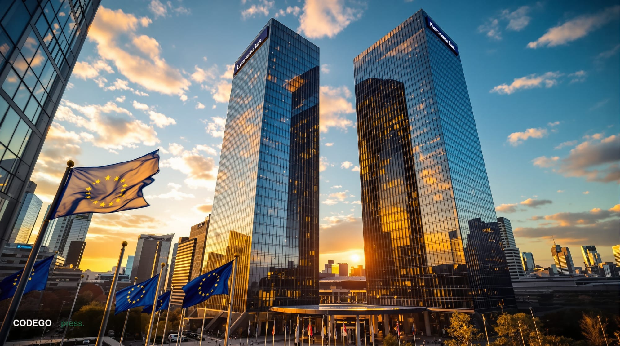 A cinematic aerial view of the European Central Bank headquarters in Frankfurt, Germany, with its distinctive modern glass to