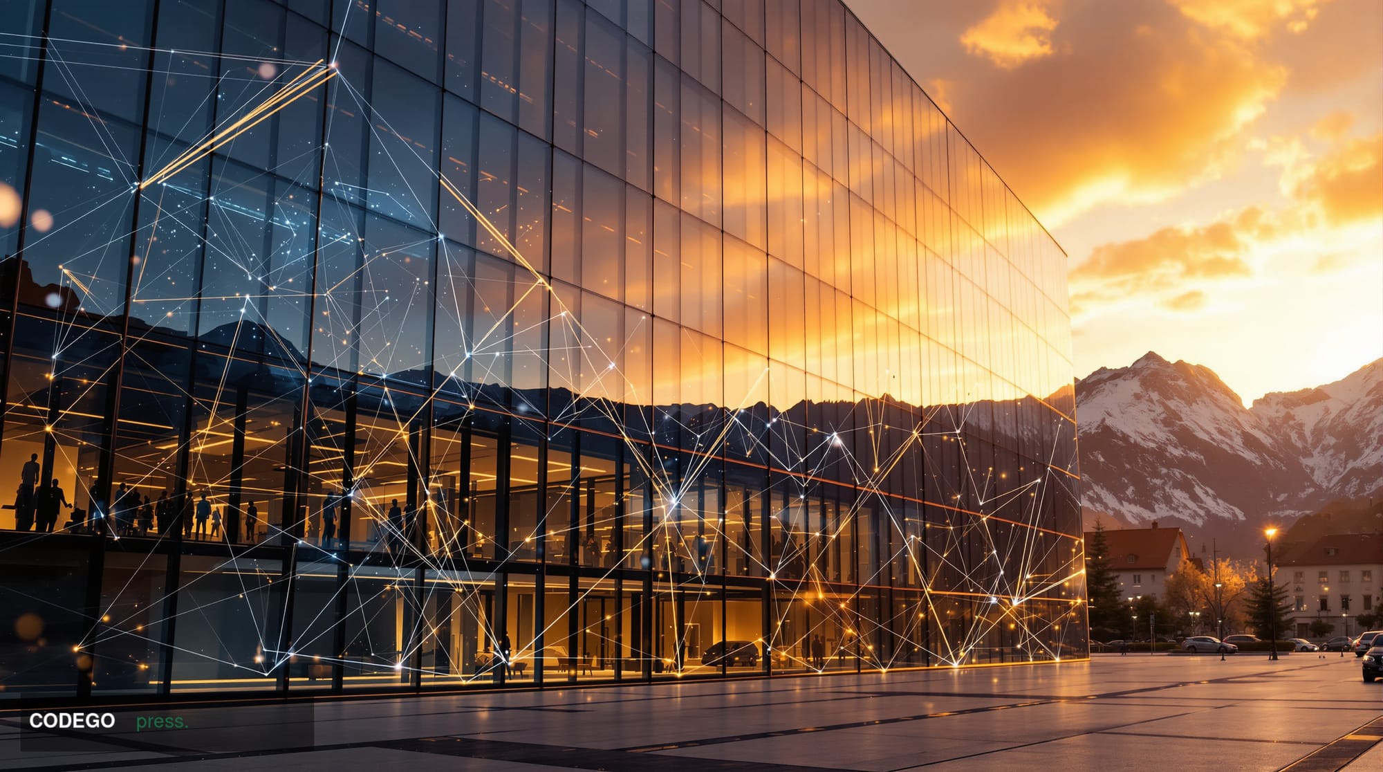 A dramatic cinematic photograph of the Ethereum Foundation's headquarters in Zug, Switzerland, shot during golden hour with w