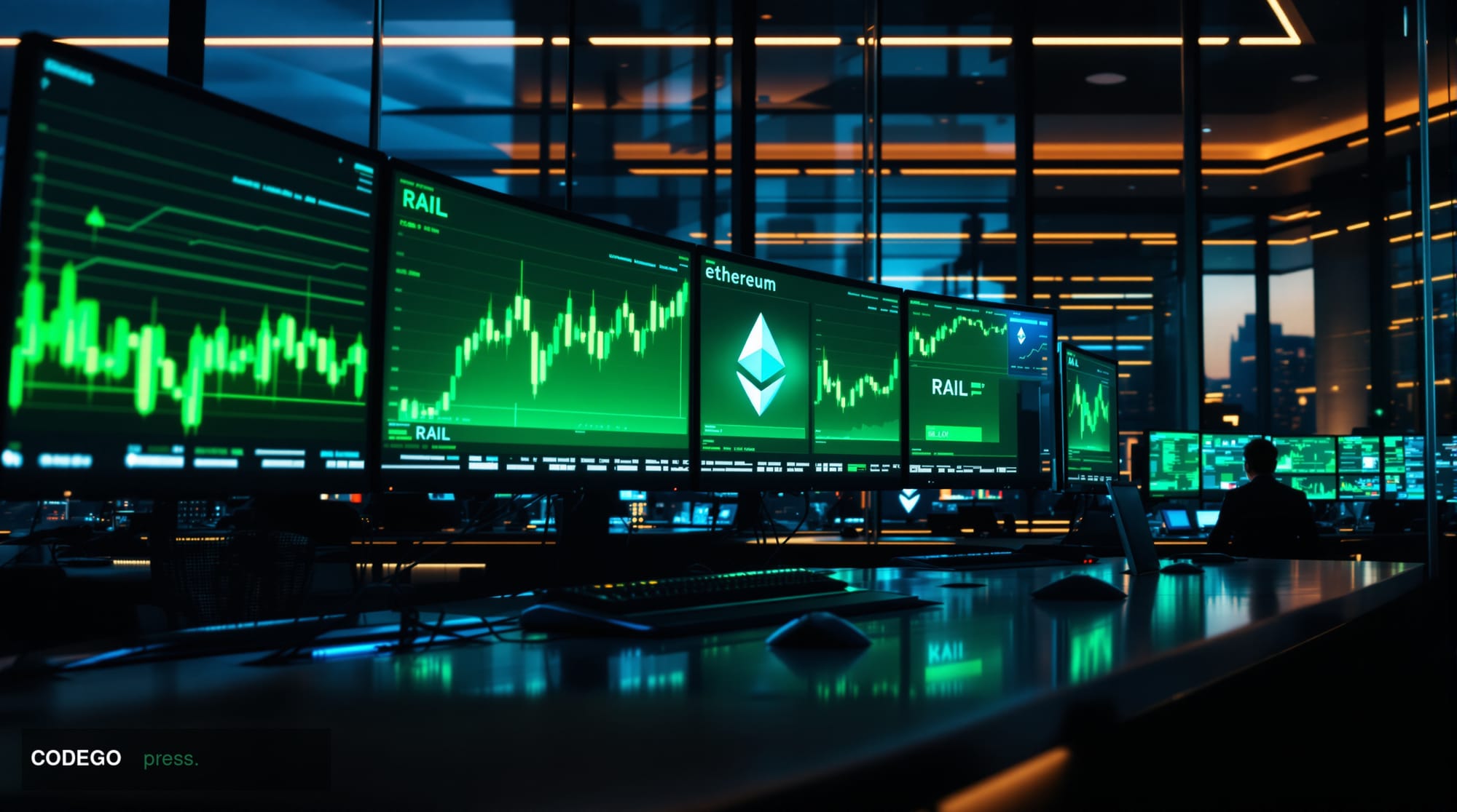 A cinematic editorial photograph capturing the intersection of privacy technology and cryptocurrency trading, shot from a low