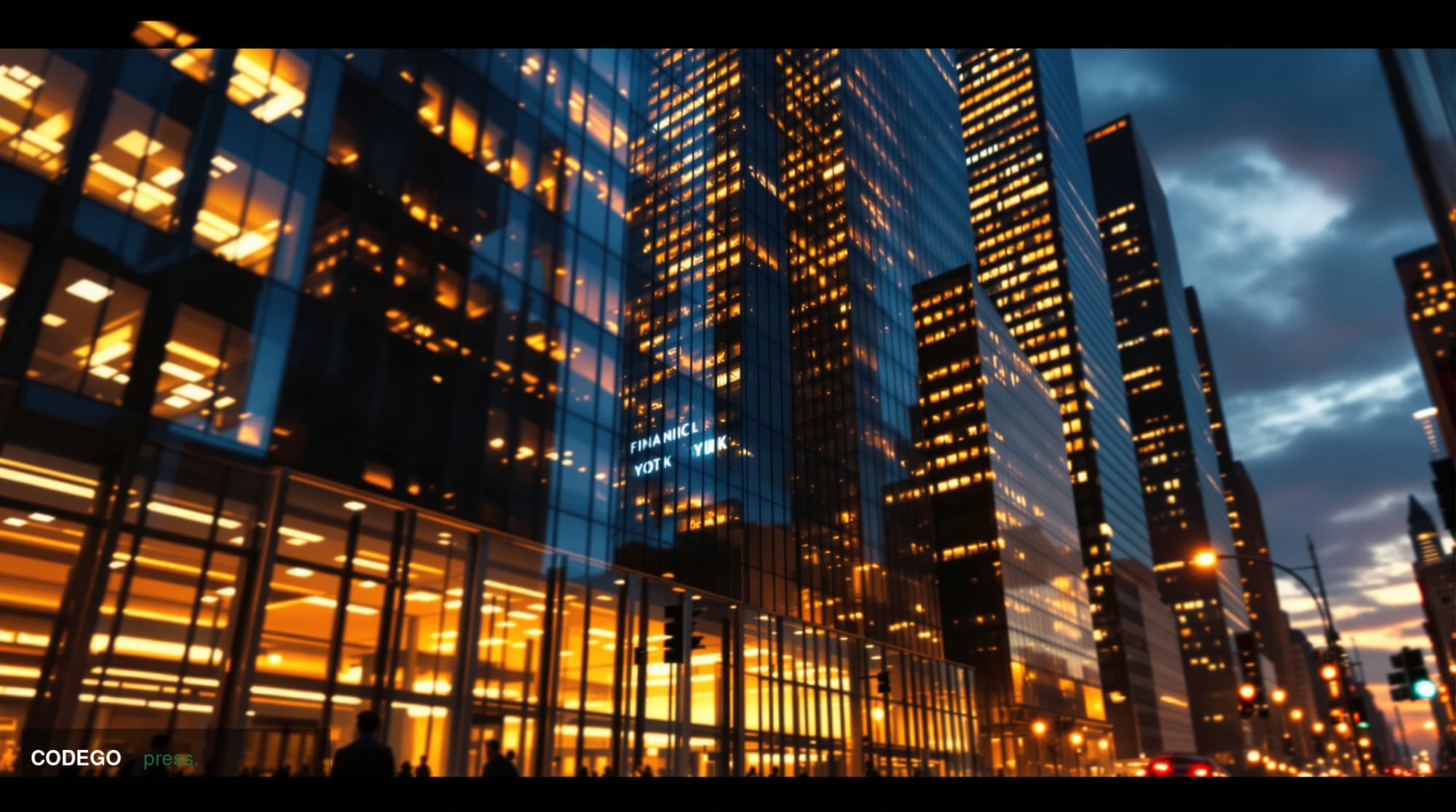A striking editorial photograph of the New York Financial District skyline at golden hour, shot from street level looking up 