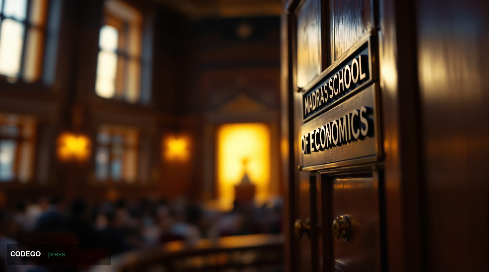 A cinematic editorial photograph capturing the prestigious academic atmosphere of the Madras School of Economics in Chennai, 