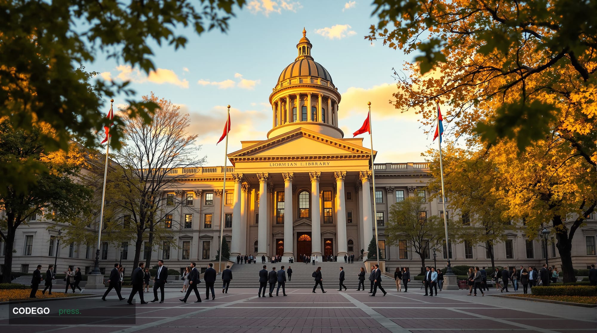 A cinematic editorial photograph capturing the prestigious Columbia University campus in New York City, specifically showing 