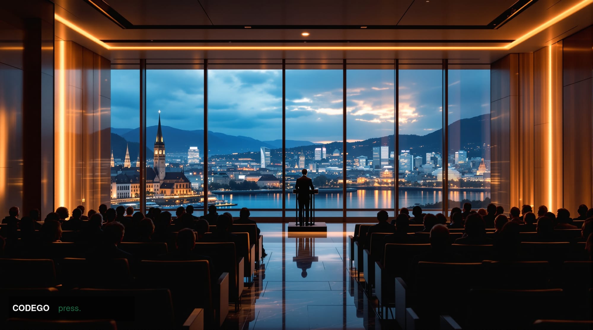 A cinematic editorial photograph capturing the prestigious banking conference atmosphere in Zurich, Switzerland. The scene sh
