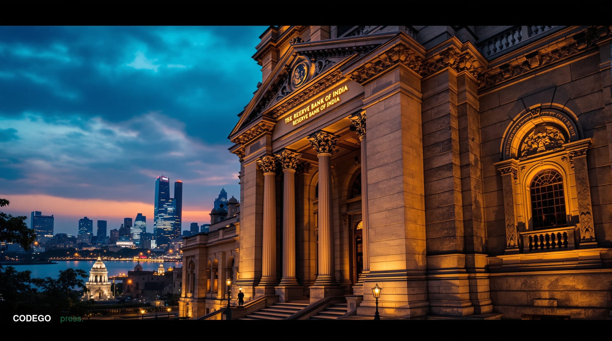 A cinematic editorial photograph showcasing the Reserve Bank of India's iconic neoclassical headquarters building in Mumbai's