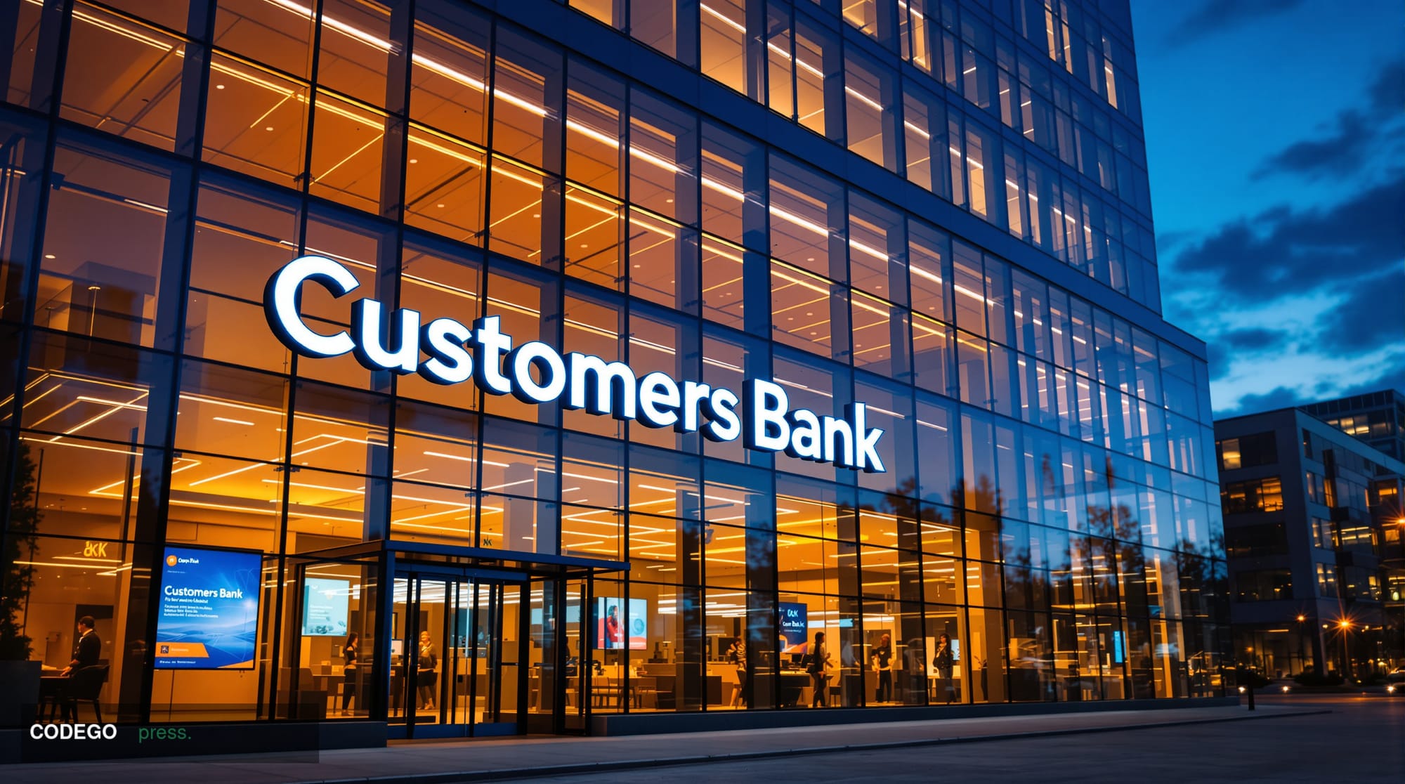 A cinematic editorial photograph showing the modern glass facade of Customers Bank's headquarters building in Pennsylvania, w