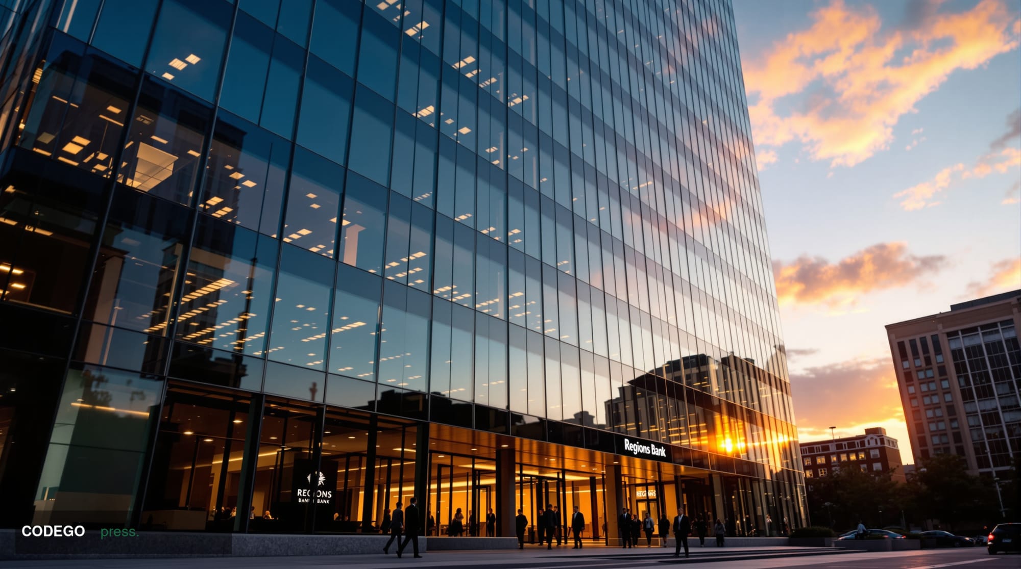 Photorealistic editorial photograph of the imposing facade of Regions Bank headquarters in Birmingham, Alabama, captured duri