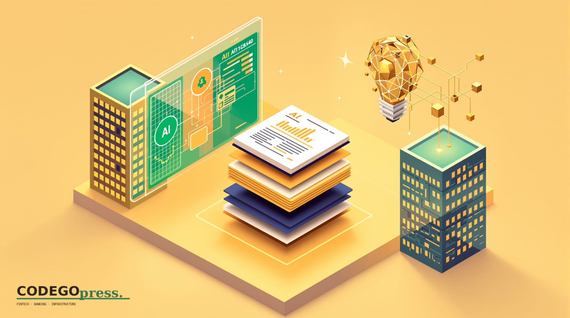 flat 3D isometric vector editorial illustration, banking-green primary (#1A6B43), cream background, gold and navy accents. Co