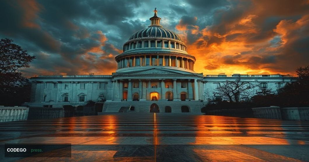 A cinematic editorial photograph of the United States Capitol building's iconic dome and neoclassical facade, shot from a low