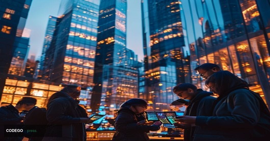 A cinematic editorial photograph showcasing the contrast between retail and institutional Bitcoin ownership. The scene captur