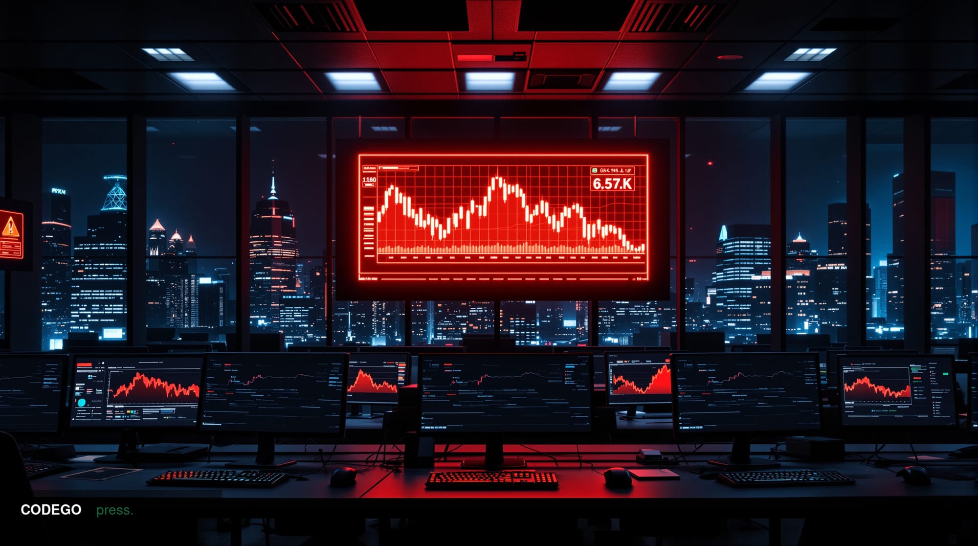 A dramatic photorealistic editorial photograph showing a darkened cryptocurrency trading floor or modern fintech office space