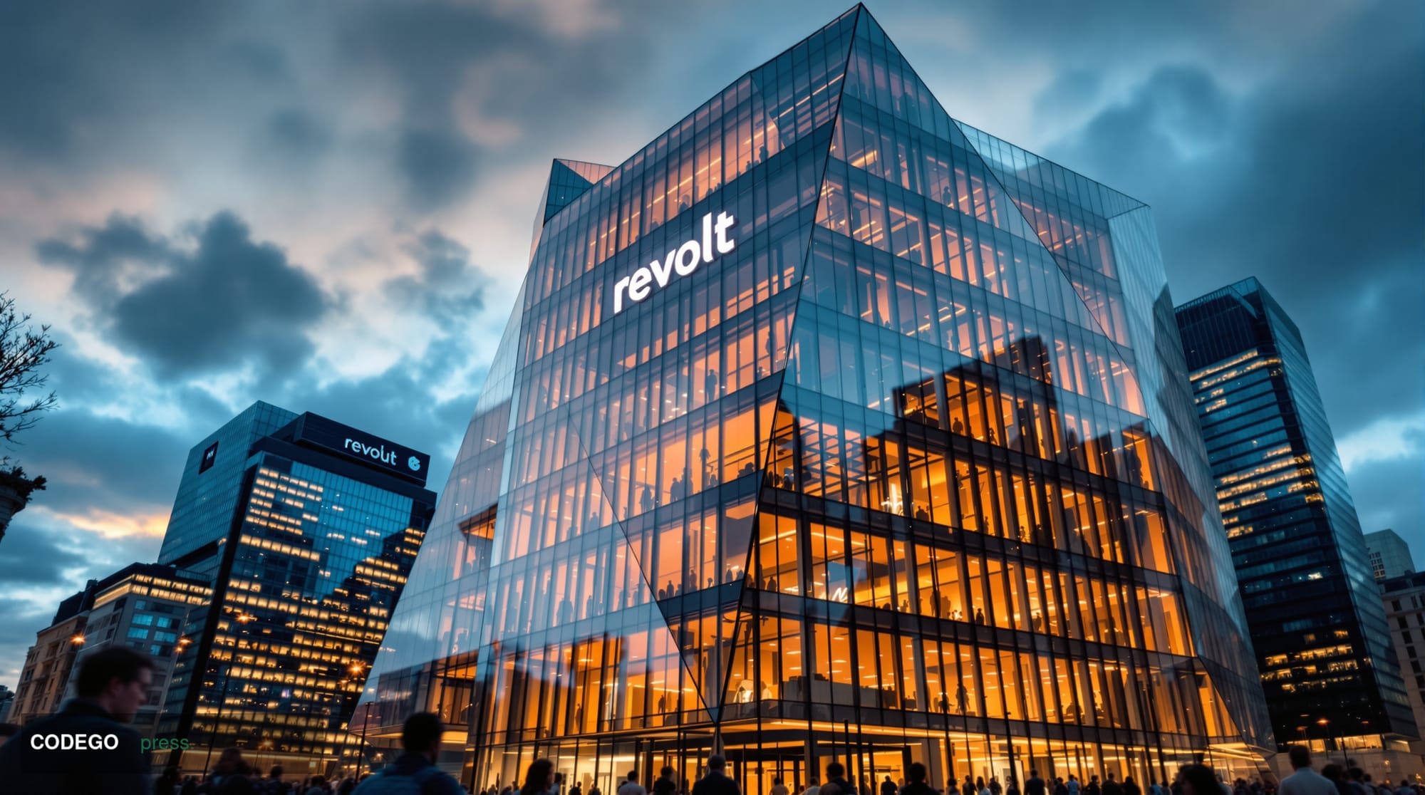 A photorealistic wide-angle view of Revolut's modern London headquarters building at Canary Wharf, with the distinctive corpo