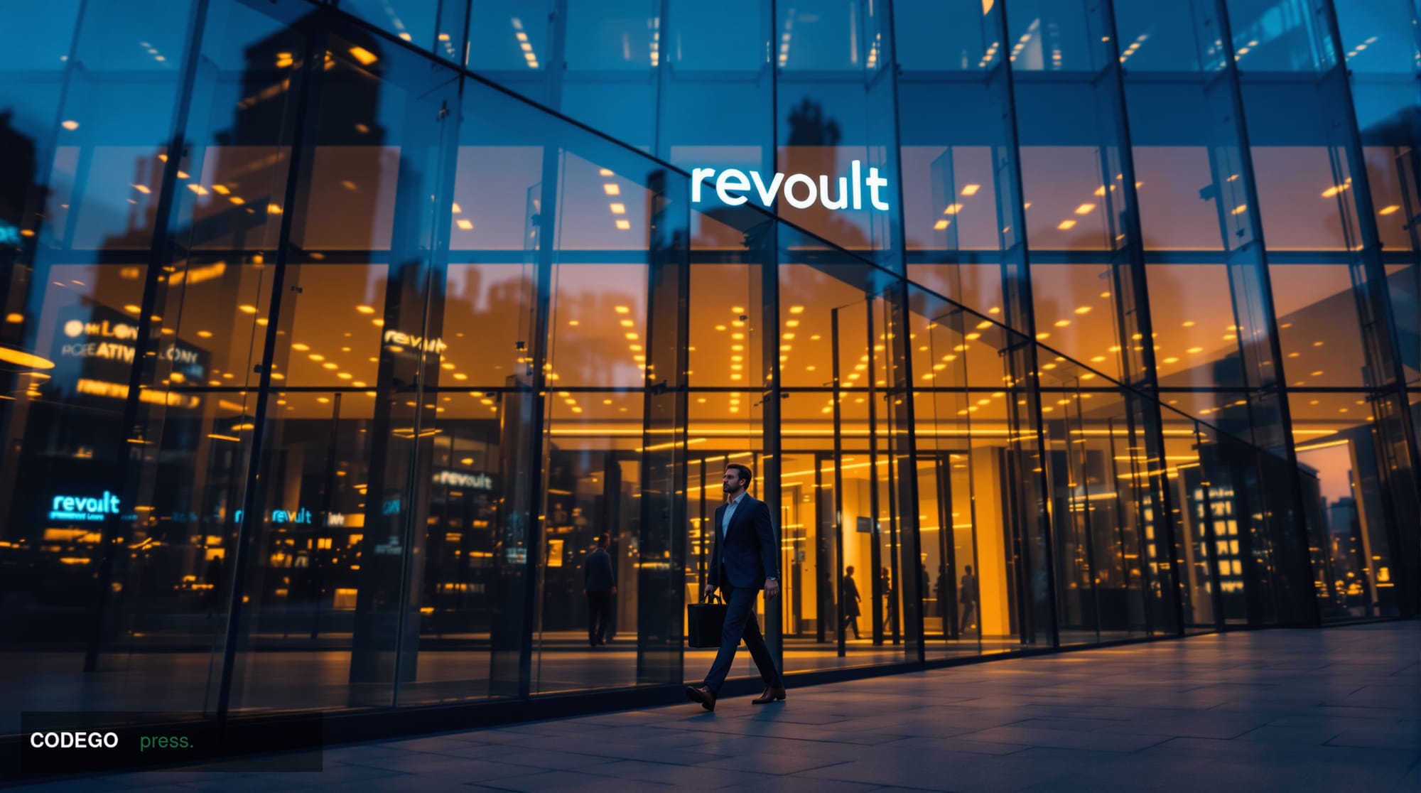 A cinematic editorial photograph showcasing Revolut's London headquarters building with its distinctive modern glass facade, 