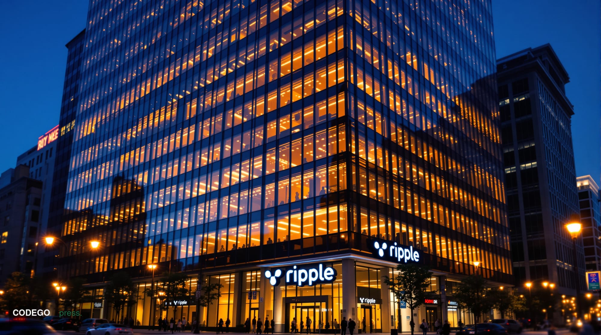 A photorealistic editorial photograph showcasing Ripple's San Francisco headquarters building exterior in dramatic golden hou