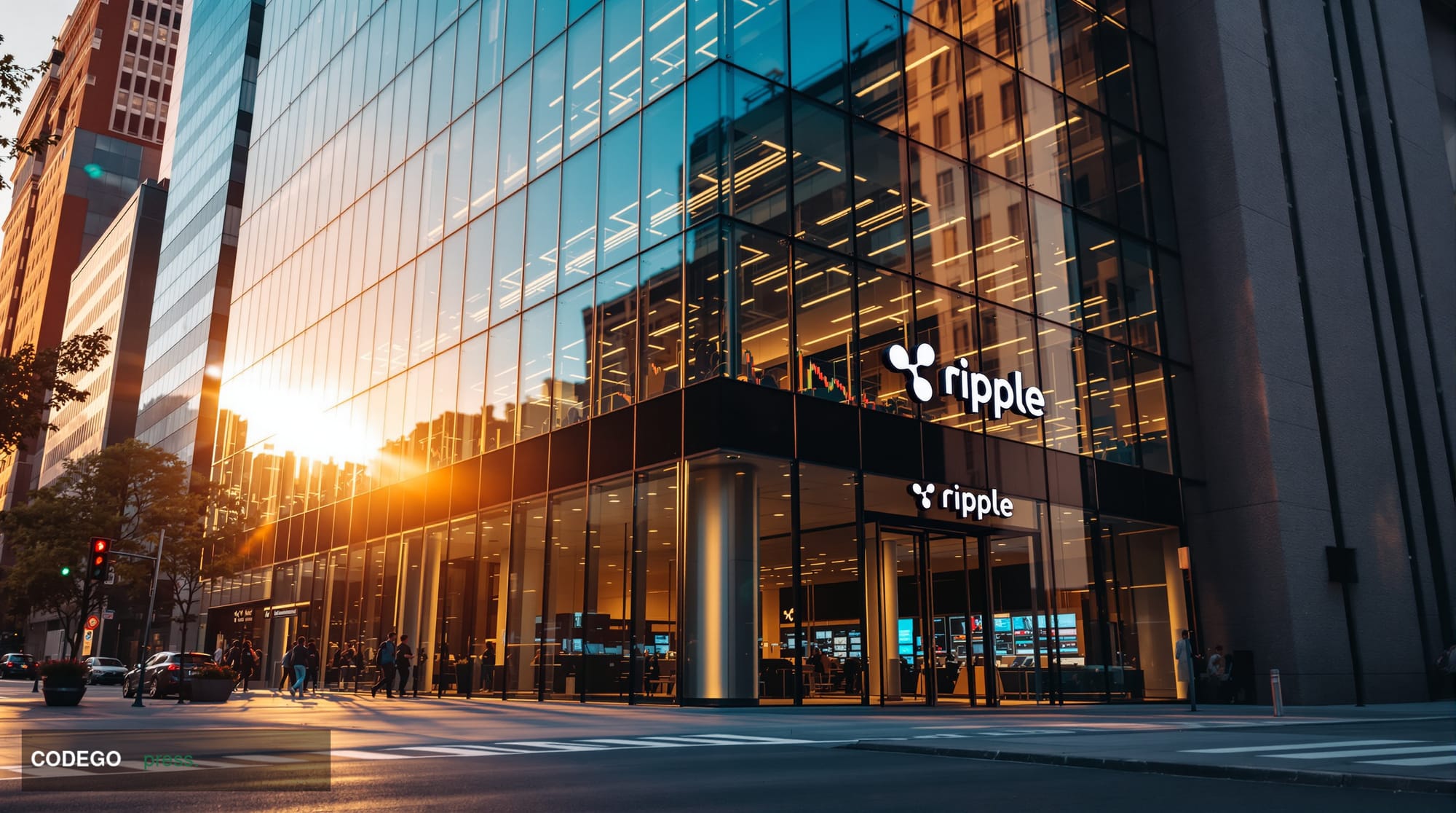 A cinematic editorial photograph showing Ripple's modern corporate headquarters building in San Francisco's financial distric