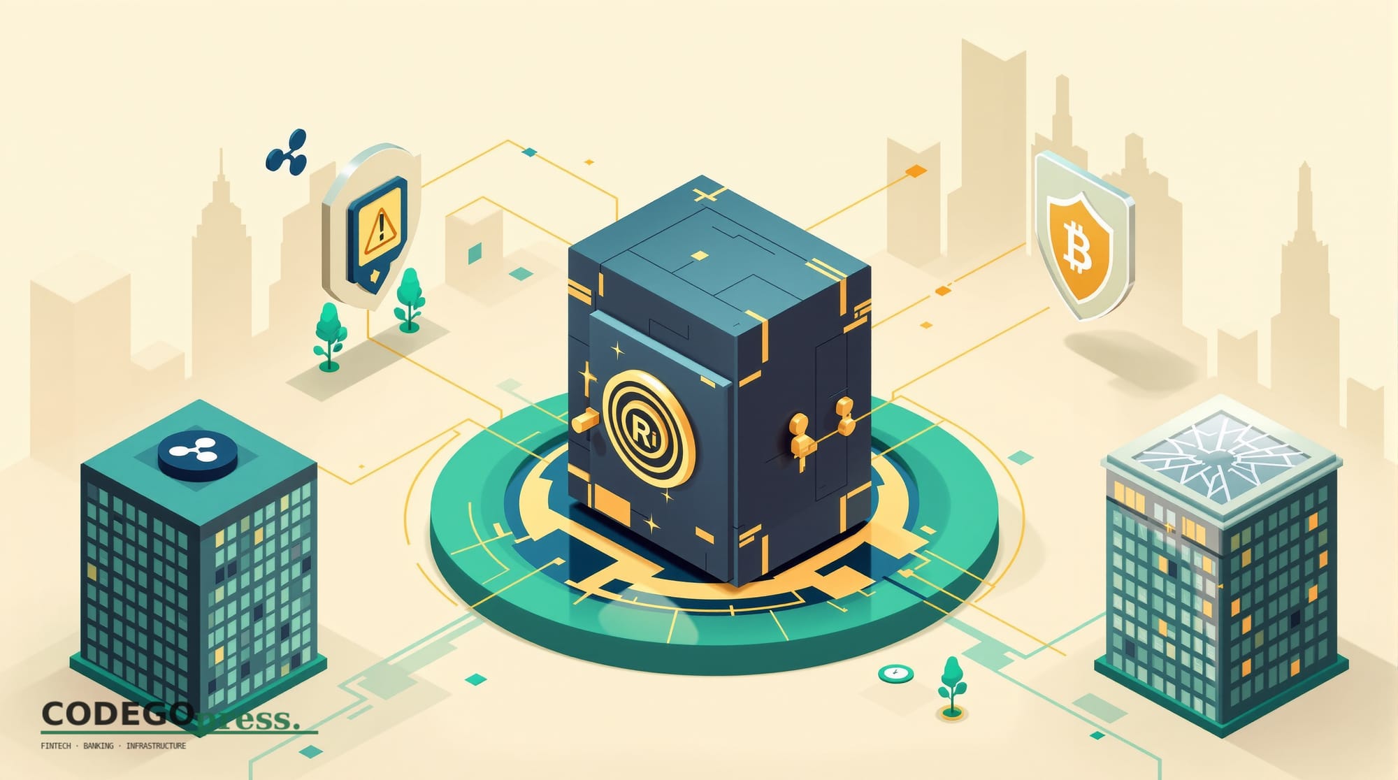 flat 3D isometric vector editorial illustration, banking-green primary (#1A6B43), cream background, gold and navy accents, so