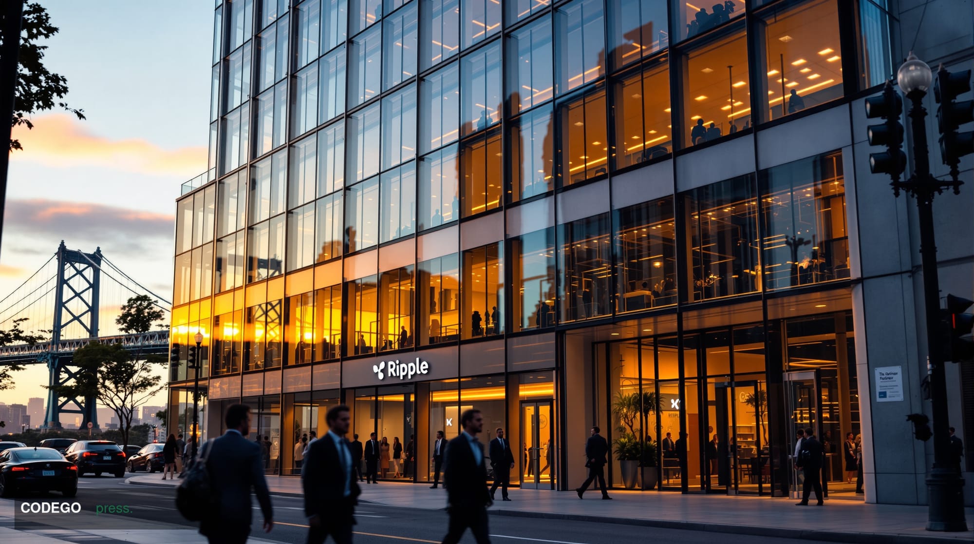 A photorealistic editorial photograph of Ripple's San Francisco headquarters building exterior, shot from a low angle to emph