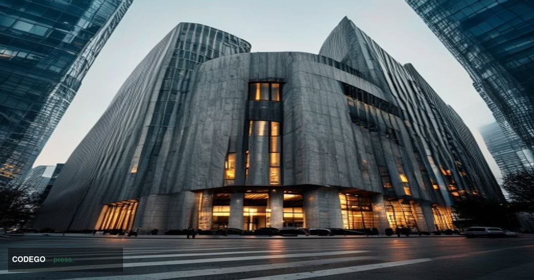 A cinematic editorial photograph capturing the Tokyo financial district during market stress, featuring the imposing Bank of 