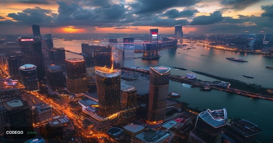 A dramatic aerial view of Singapore's financial district skyline at dusk, showcasing the iconic Marina Bay Sands and towering