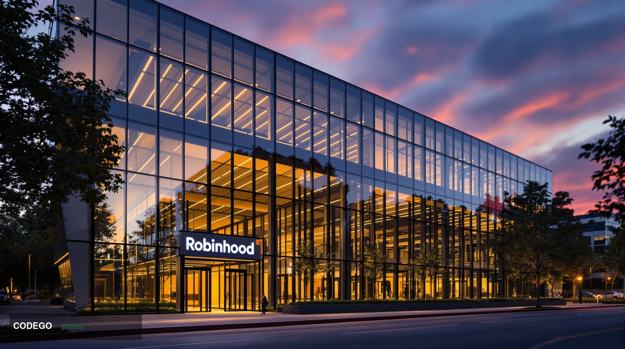 A photorealistic editorial photograph showcasing Robinhood's Menlo Park headquarters at golden hour, with the distinctive gla