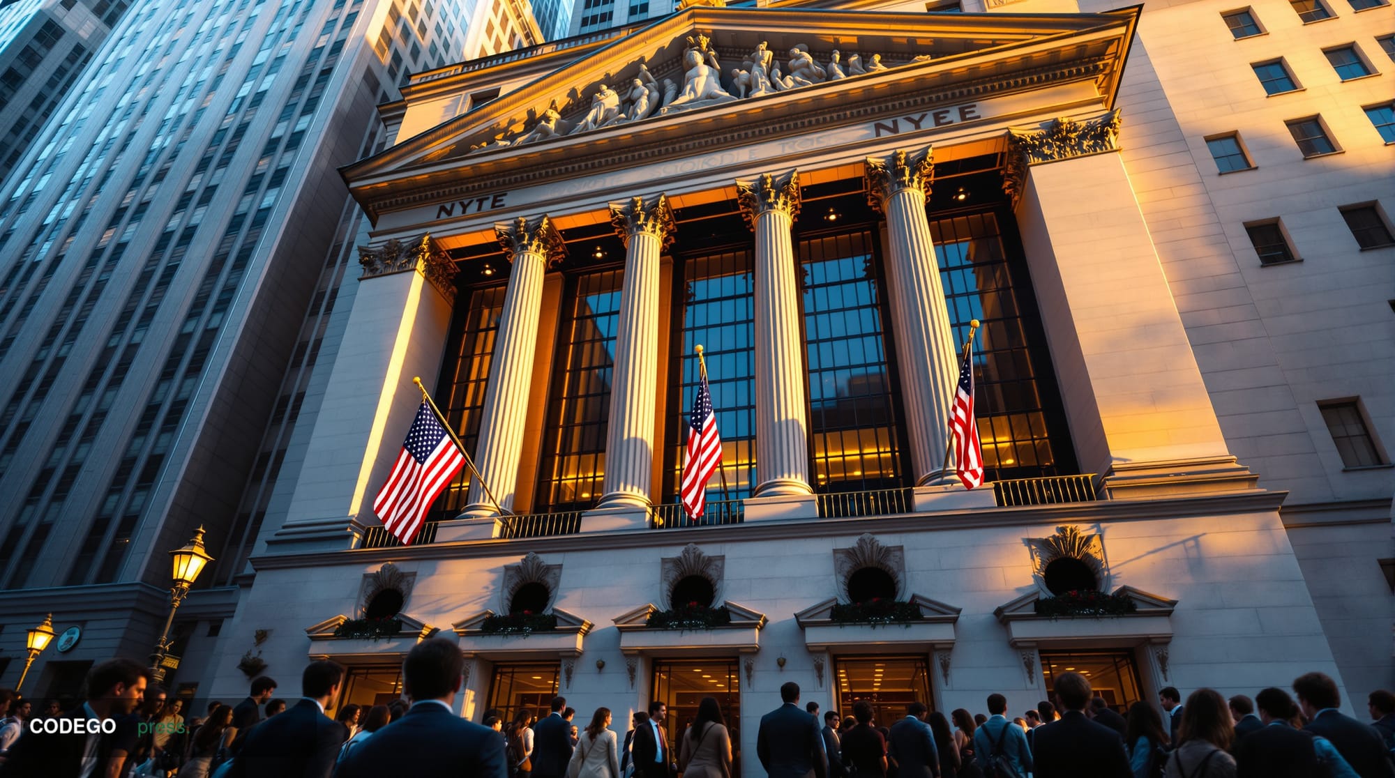 Photorealistic editorial photograph of the New York Stock Exchange building exterior during golden hour, with the iconic neoc