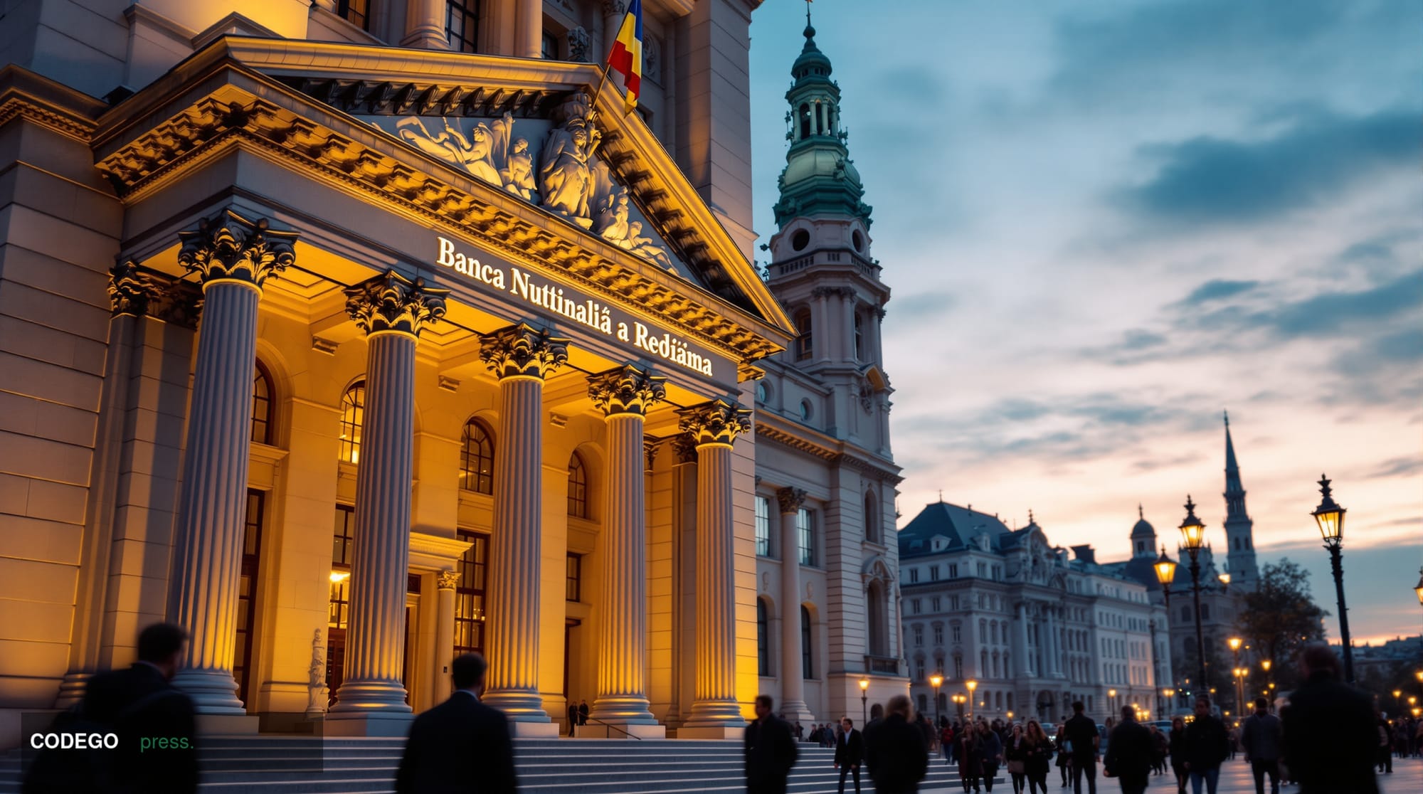 A cinematic editorial photograph capturing the Romanian National Bank headquarters in Bucharest during the OECD symposium, sh