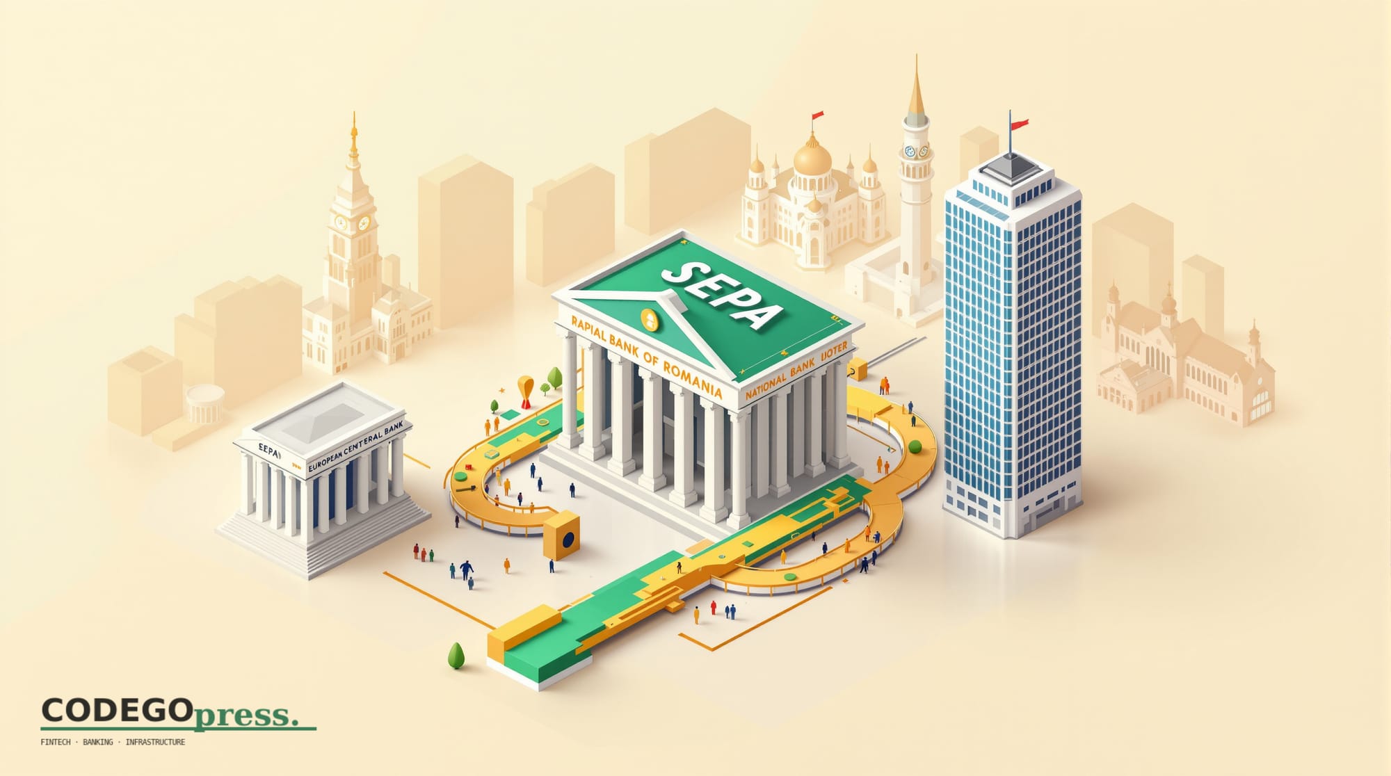 Large stylized SEPA payment rail diagram in banking green and gold at centre, National Bank of Romania columned headquarters 