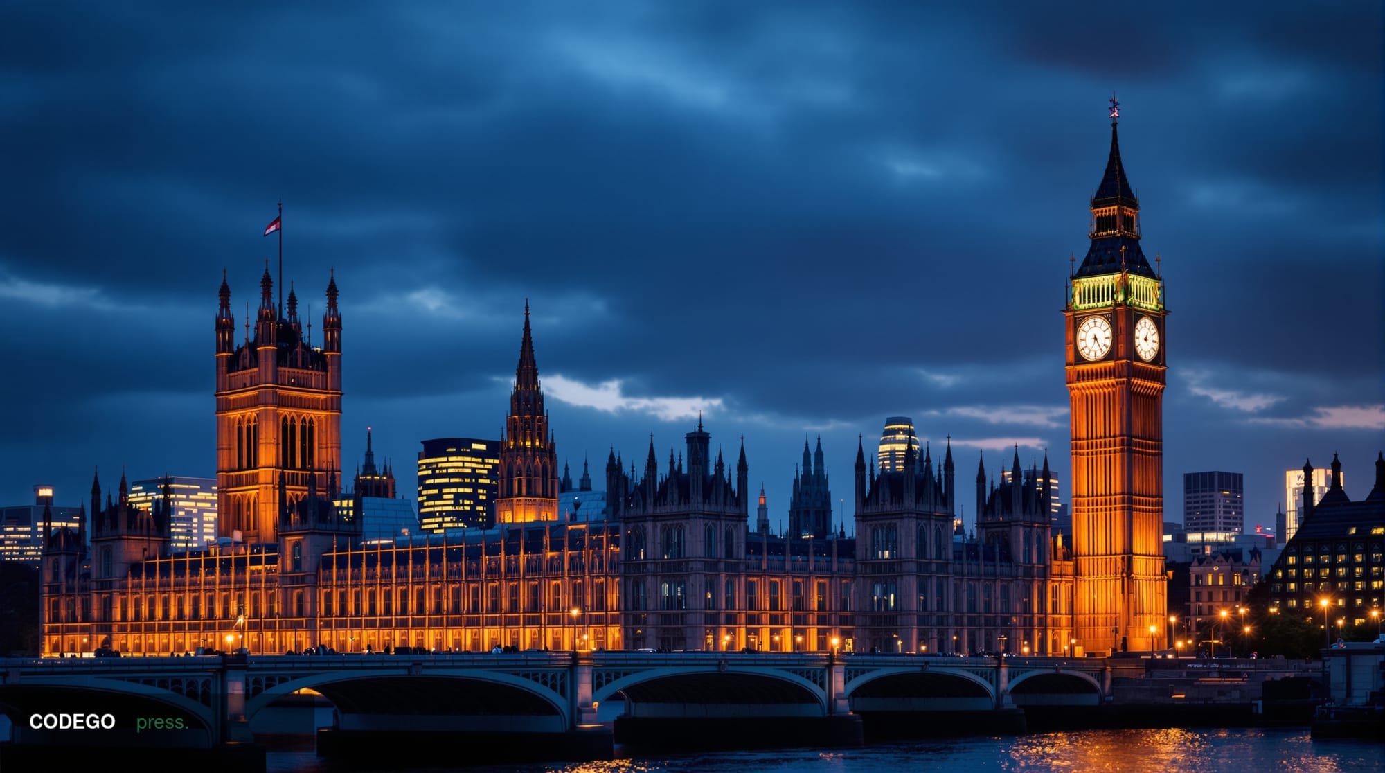 A cinematic editorial photograph of the iconic Houses of Parliament and Big Ben in London during golden hour, shot from acros