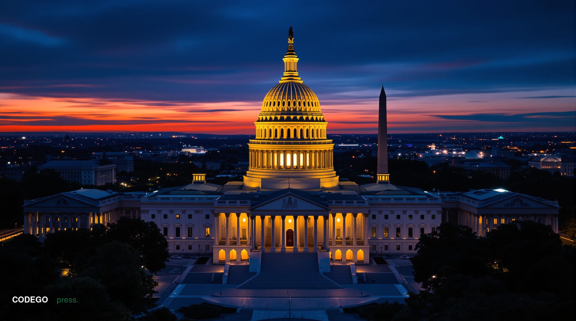 A dramatic nighttime aerial photograph of the US Capitol building in Washington DC, with warm golden lighting illuminating th