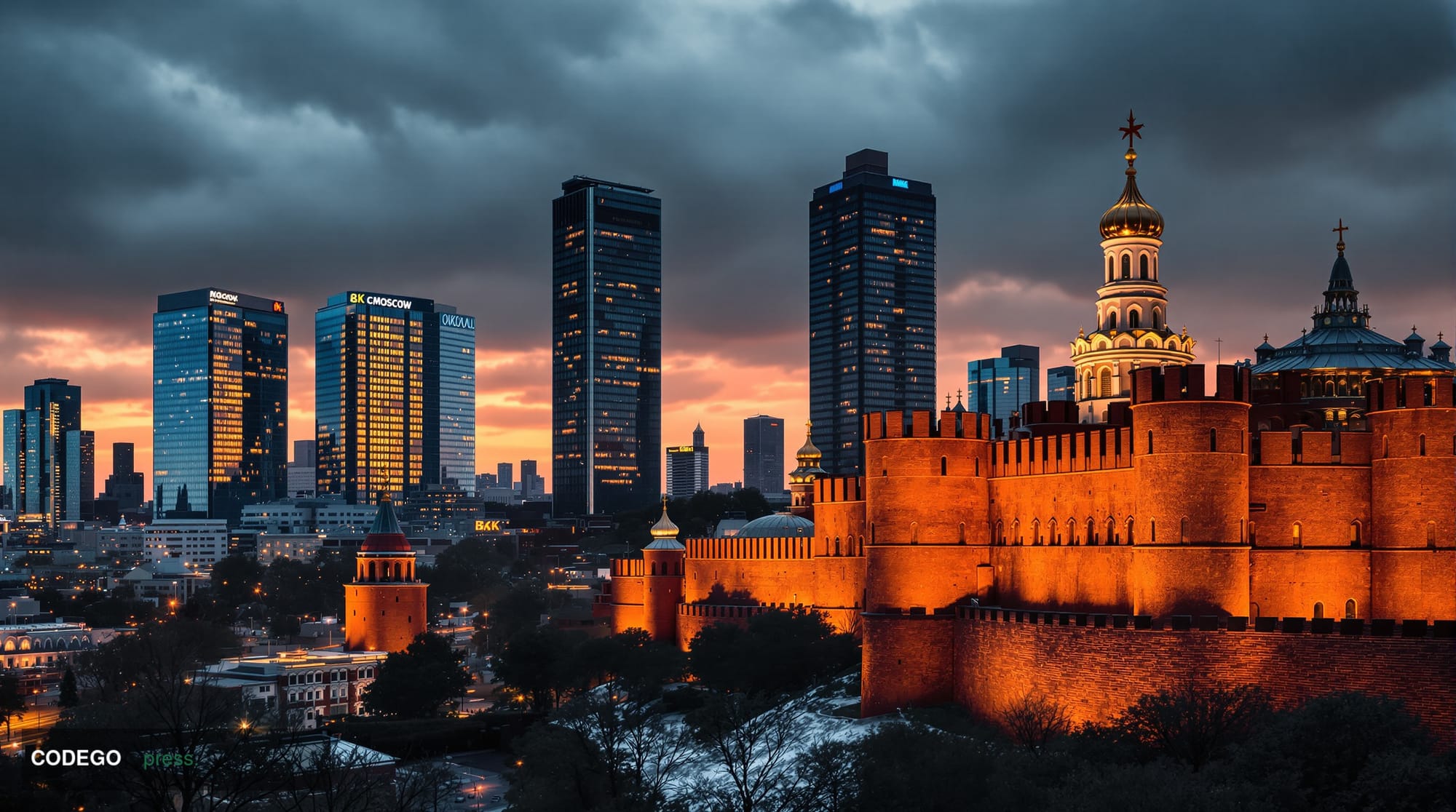 A dramatic photorealistic editorial photograph showing the Moscow skyline at dusk with the Kremlin's distinctive red walls an