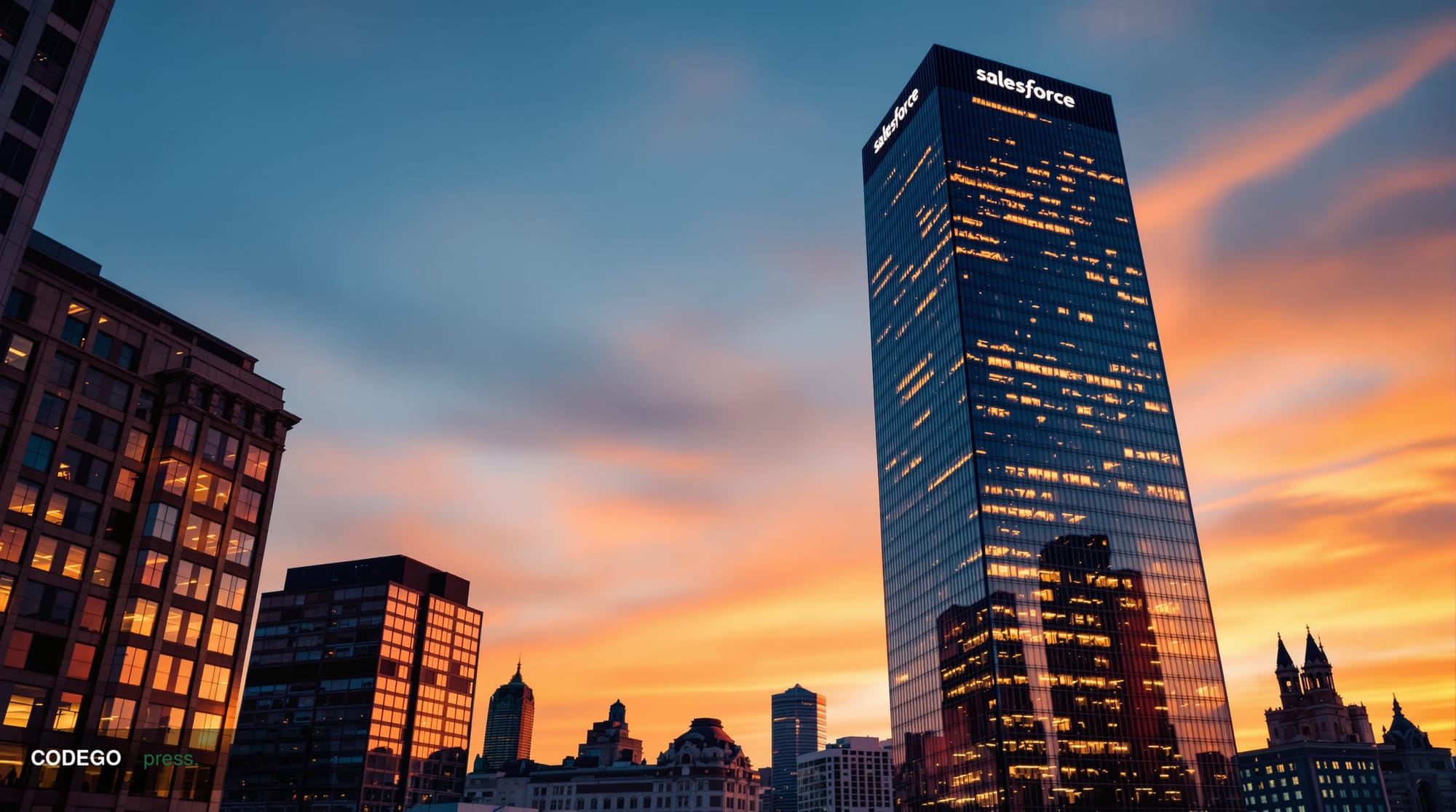 A cinematic editorial photograph of the iconic Salesforce Tower in San Francisco's downtown skyline, shot from a low angle du