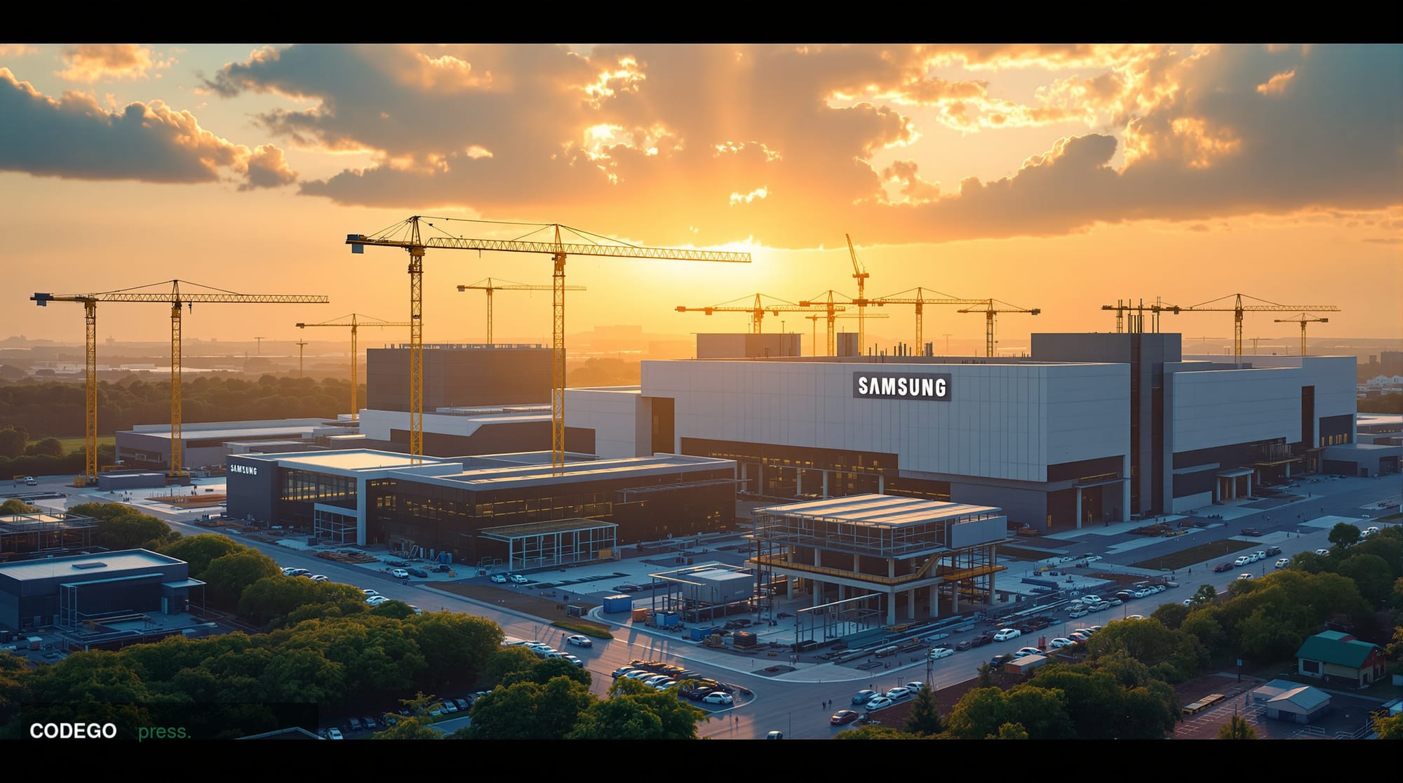 A sweeping aerial view of a modern Samsung semiconductor manufacturing complex under construction in Vietnam's industrial lan