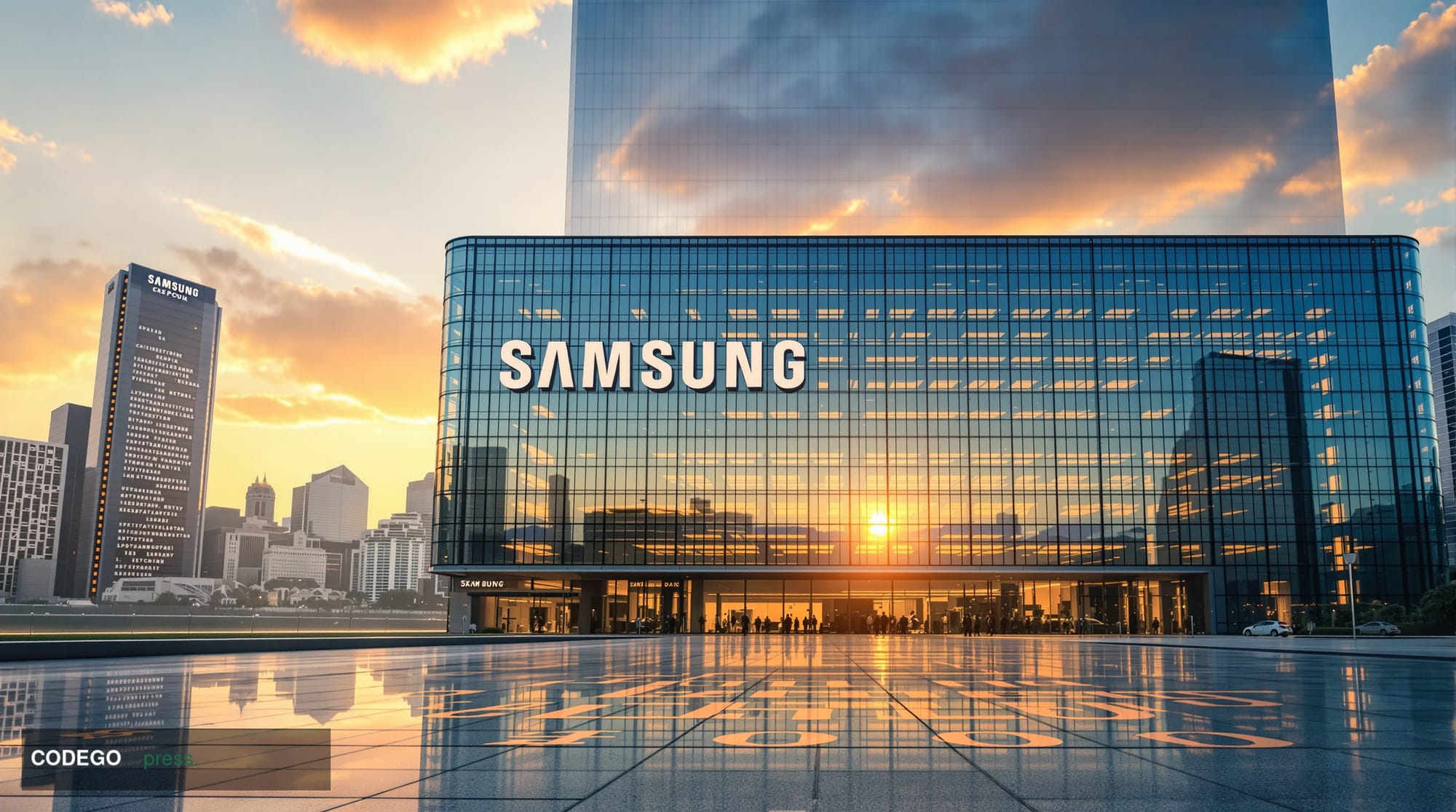 A striking photorealistic editorial photograph capturing Samsung's corporate headquarters in Seoul's Gangnam district during 