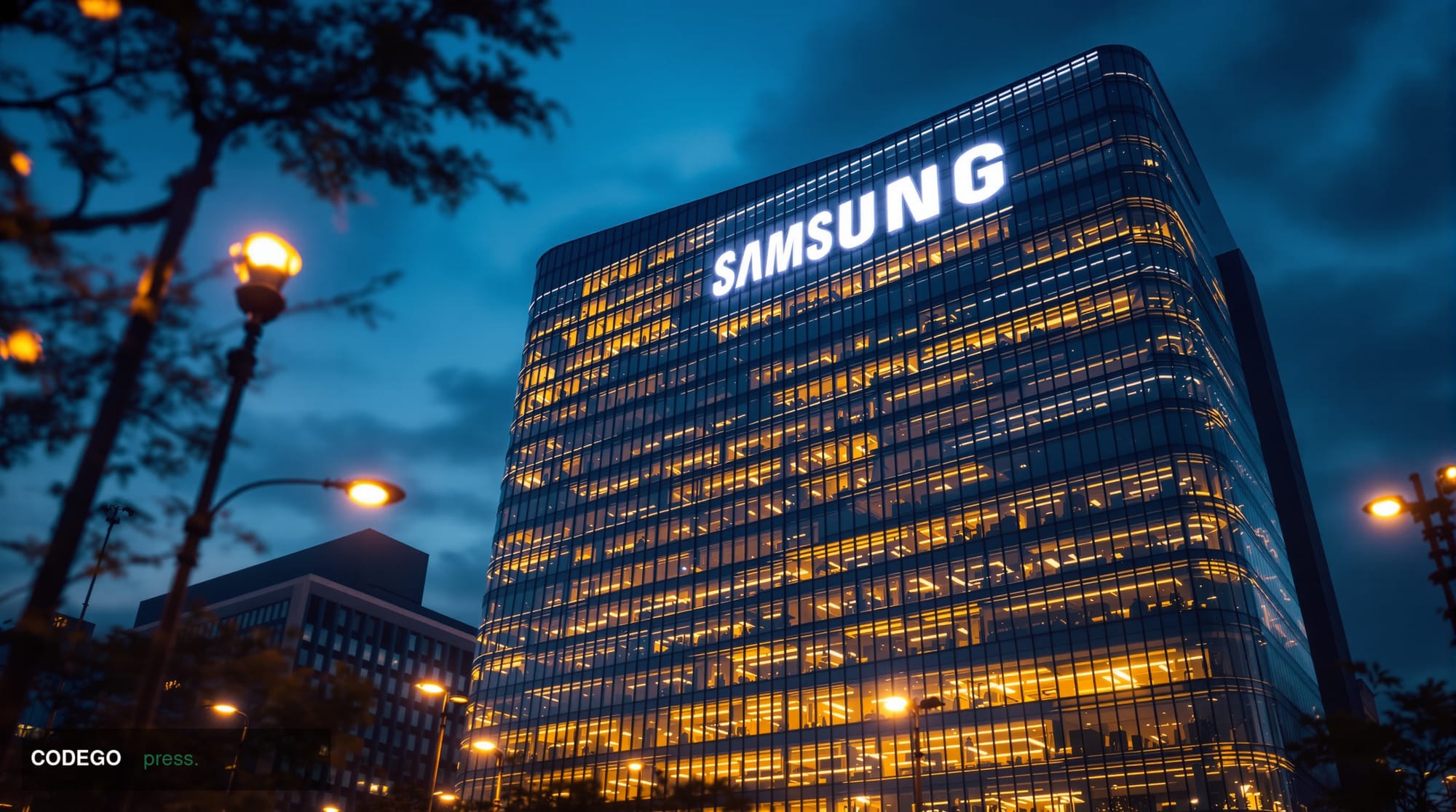 A dramatic cinematic photograph of Samsung's iconic headquarters in Seoul, South Korea, with the recognizable Samsung logo pr