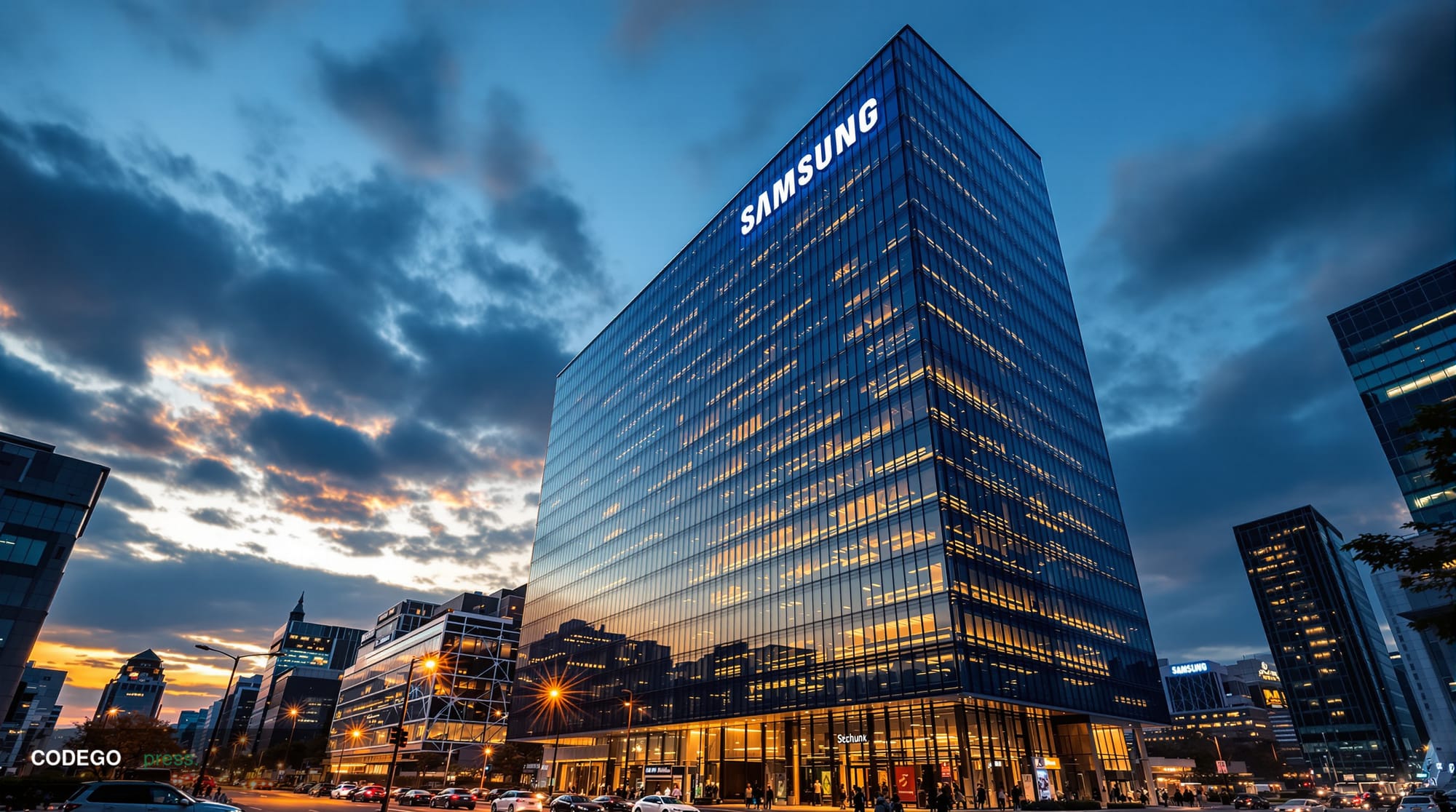 A striking editorial photograph of Samsung's modern corporate headquarters in Seoul, South Korea, with the iconic Samsung log