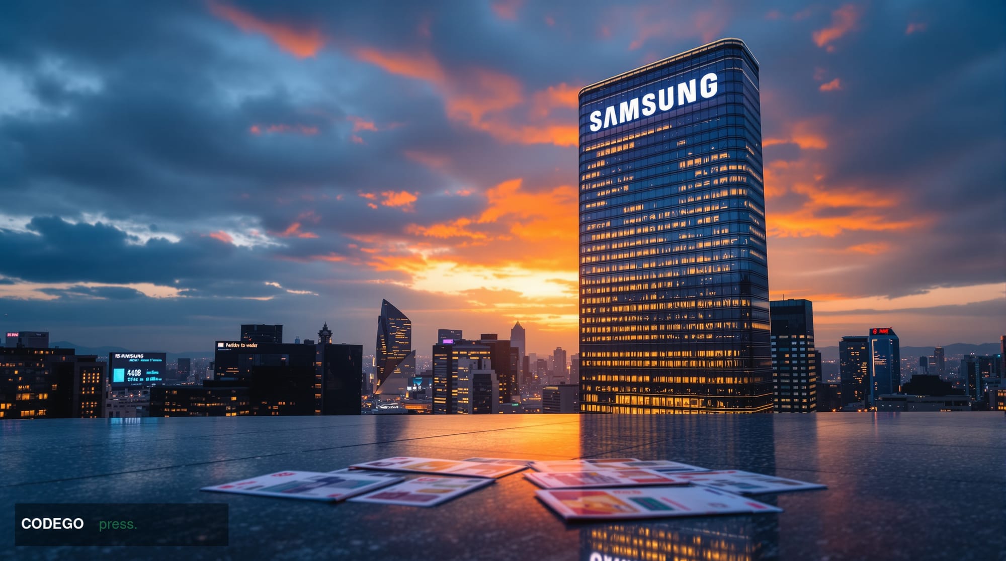 A photorealistic editorial photograph capturing Samsung's corporate headquarters in Seoul's Gangnam district at golden hour, 