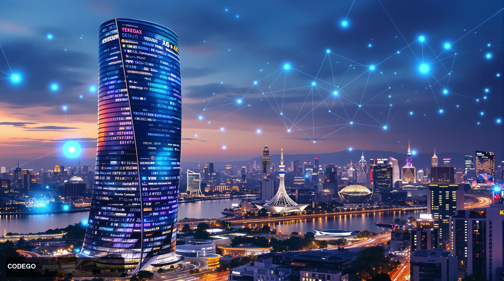 Seoul Yeouido financial district at dusk with blockchain visualization