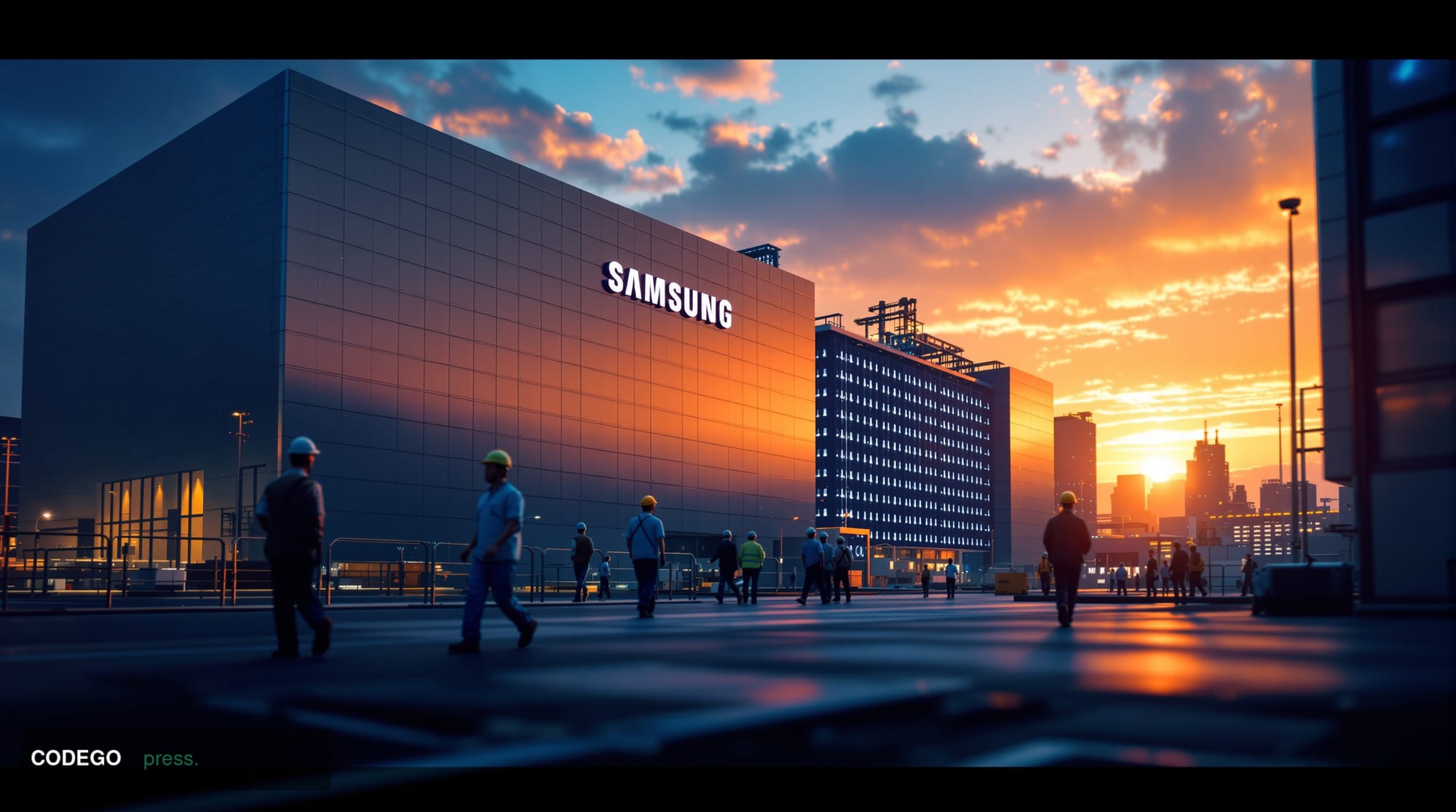 A dramatic photorealistic editorial photograph capturing Samsung's massive semiconductor manufacturing complex in South Korea