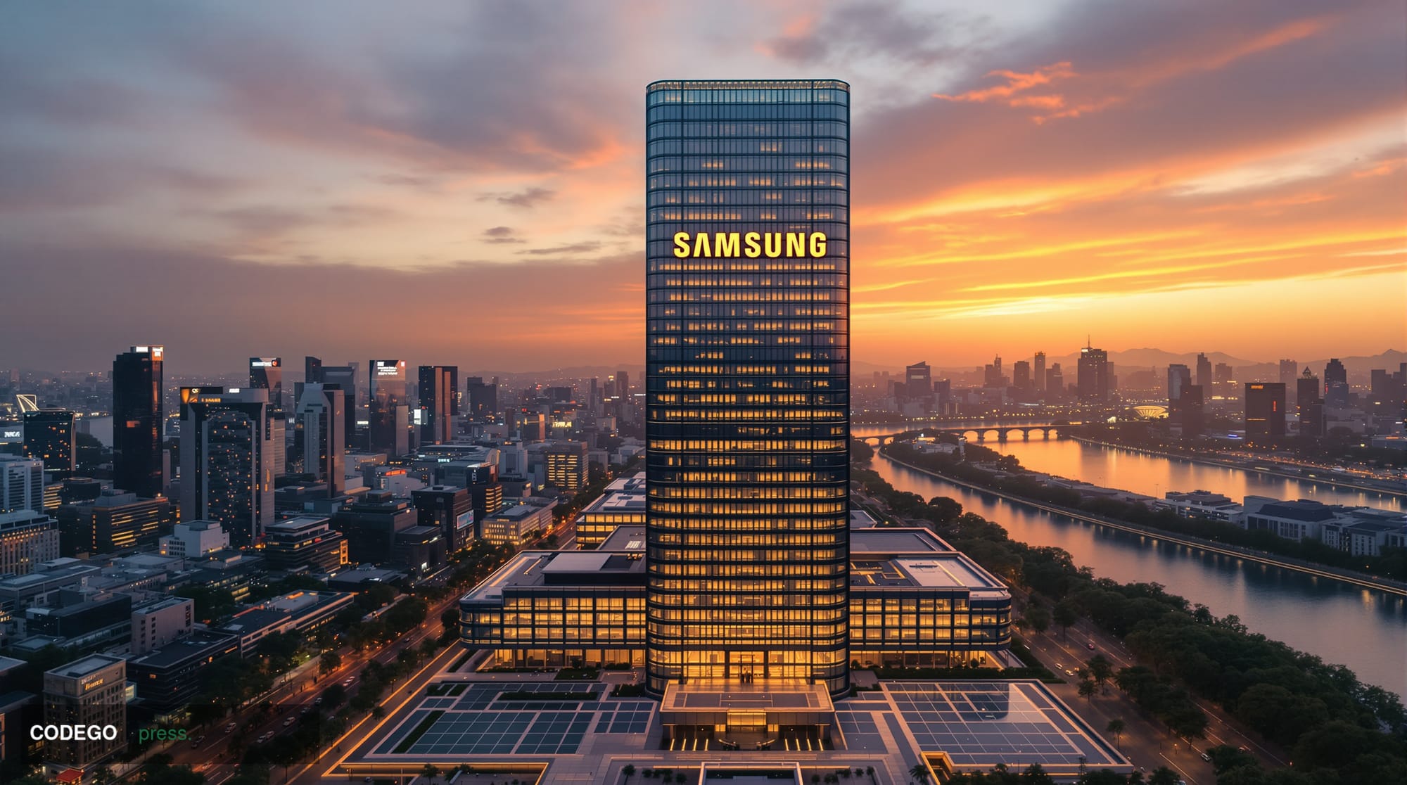 A dramatic aerial view of Samsung's sprawling corporate headquarters complex in Seoul's Gangnam district, captured during gol