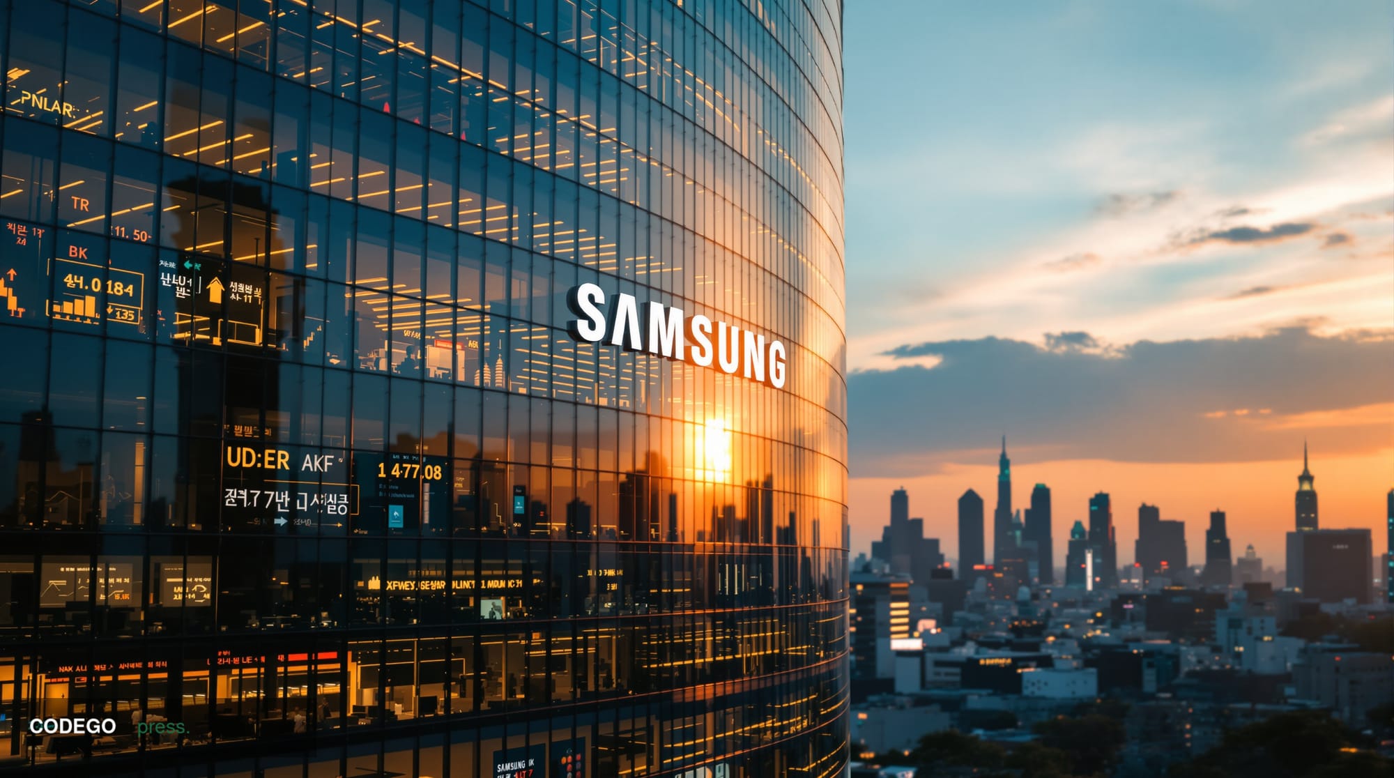 A cinematic editorial photograph showcasing the modern Samsung headquarters complex in Seoul's Gangnam district, with its dis