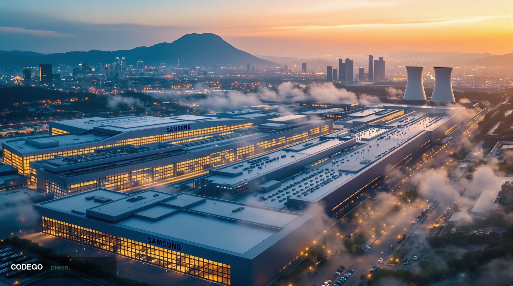 A sweeping photorealistic view of Samsung's massive semiconductor fabrication facility in South Korea, shot from an elevated 