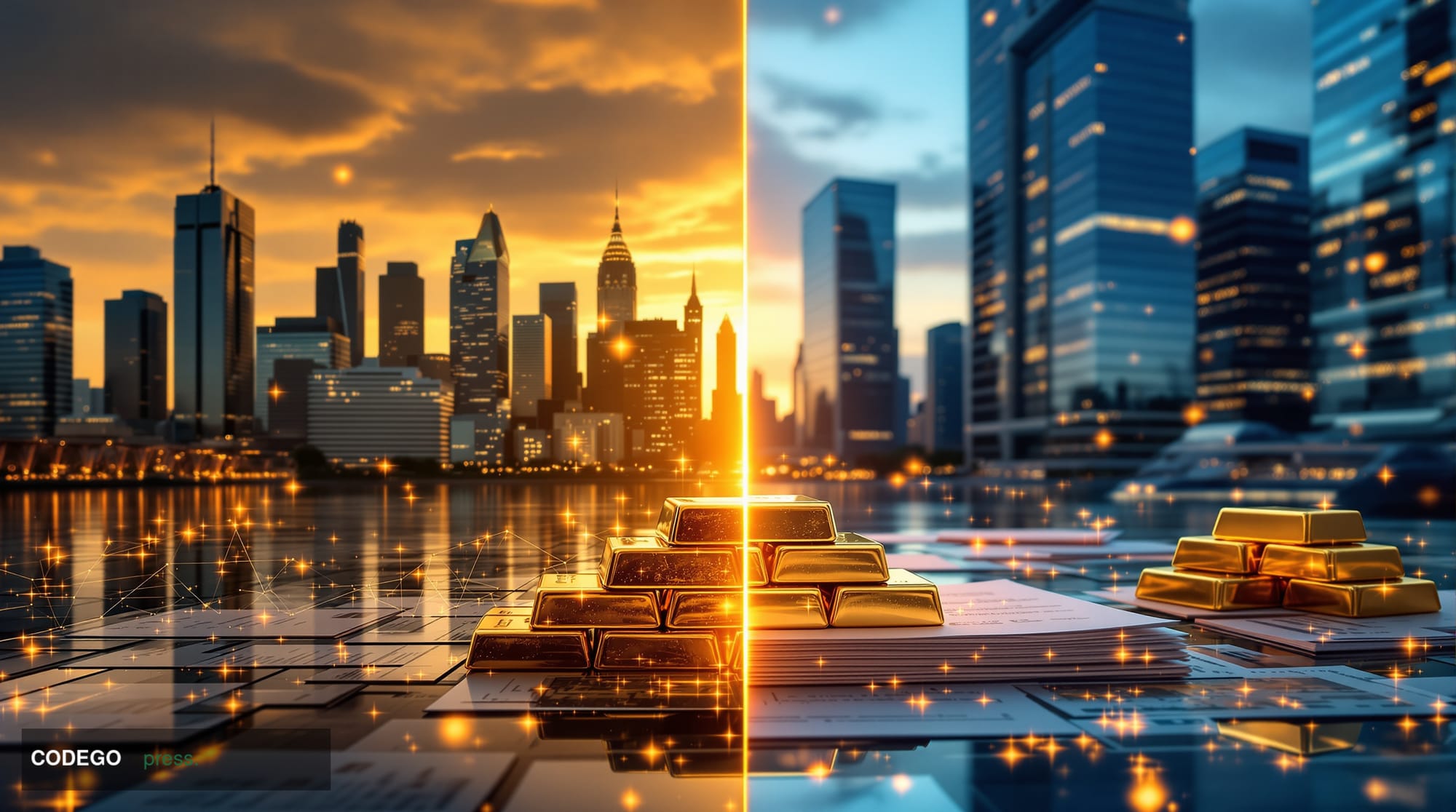 A cinematic editorial photograph showcasing the financial districts where these major European banks operate, featuring the r