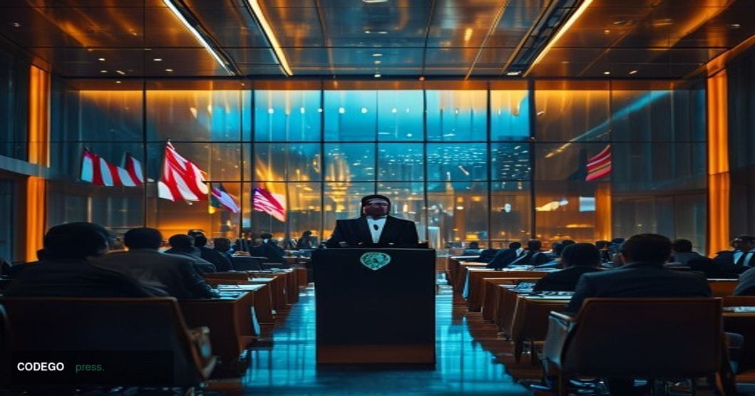 A photorealistic editorial photograph capturing the gravitas of international financial diplomacy at the FATF Ministerial Mee
